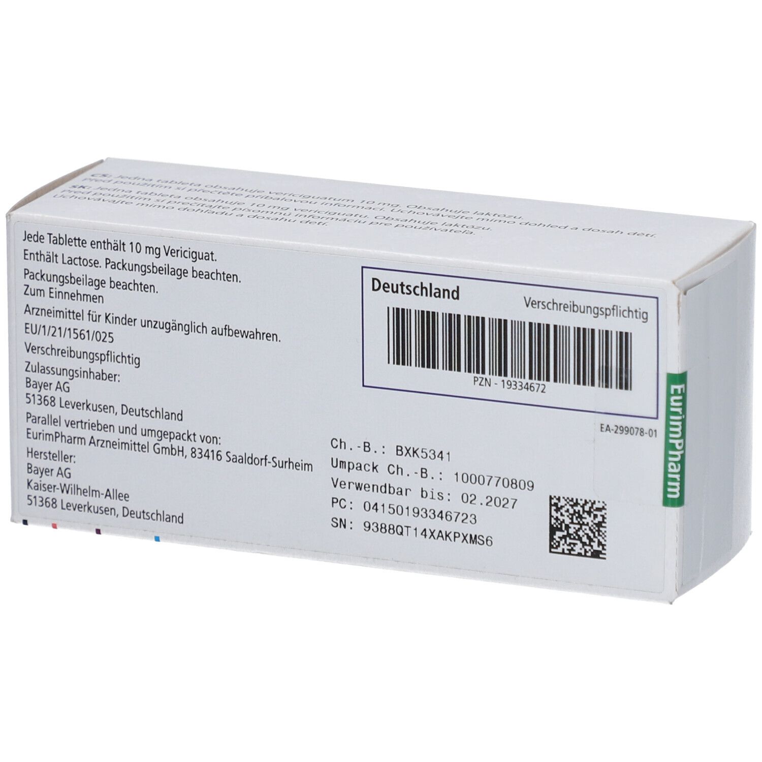 Rückseite der Verquvo 10 mg Filmtabletten-Packung. Enthält Informationen zu Inhaltsstoffen, Hersteller, Chargennummer und Verfallsdatum.