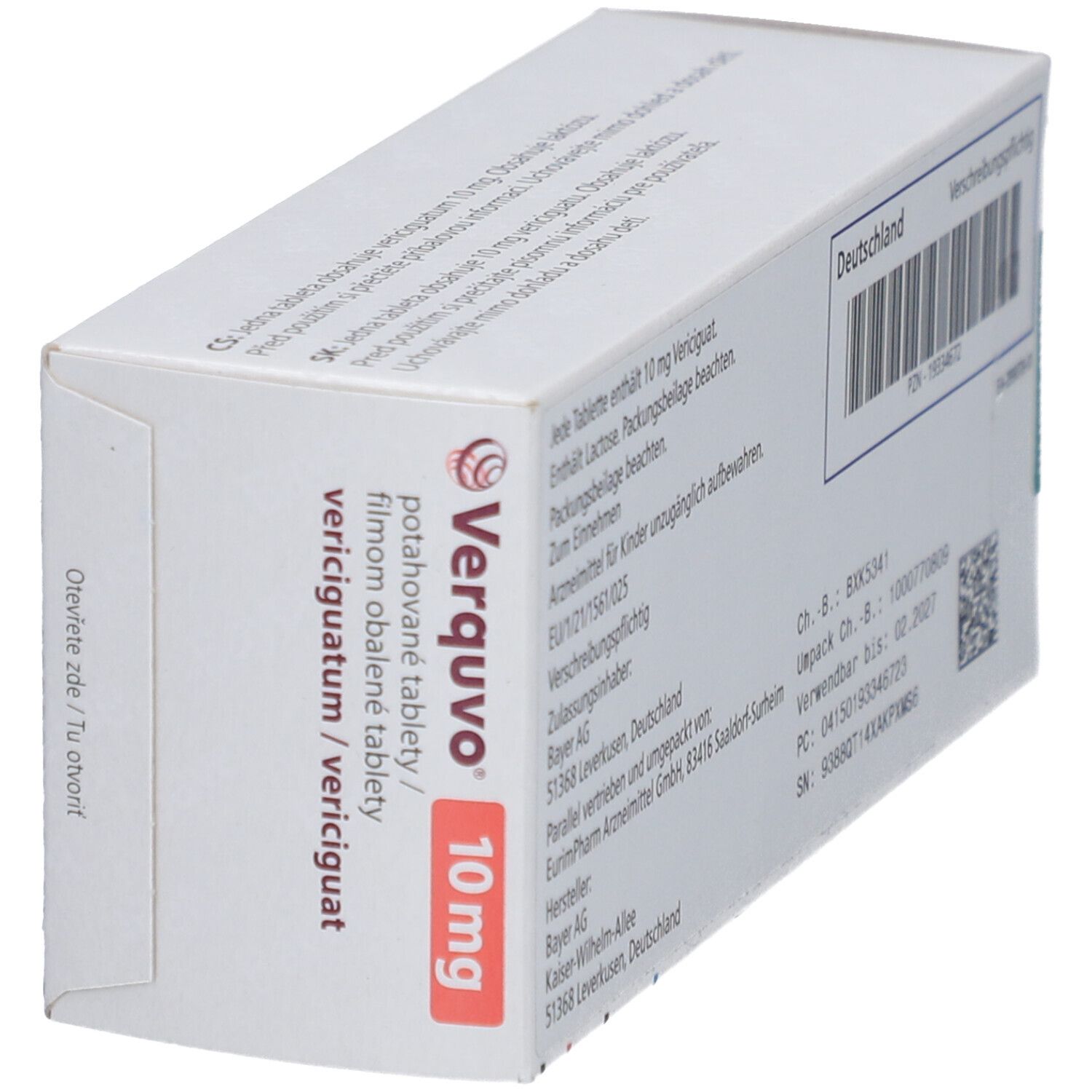 Schrägansicht der Verquvo 10 mg Filmtabletten-Packung. Aufschrift: Verquvo, 10 mg. Weiße Verpackung mit roter Schrift und Bayer-Logo.