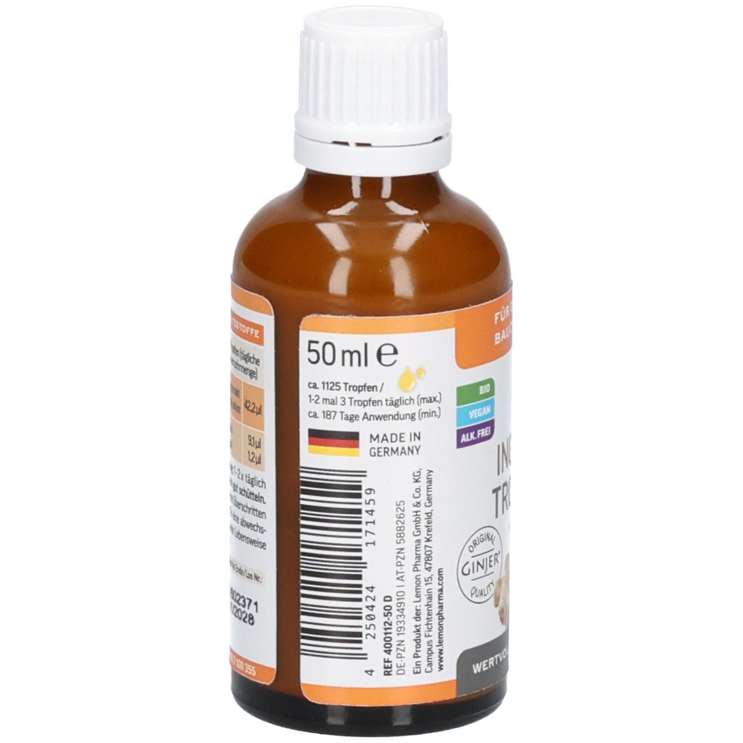 Rückseite einer braunen Glasflasche mit Etikett, das 50ml Angabe, Made in Germany und Barcode zeigt.