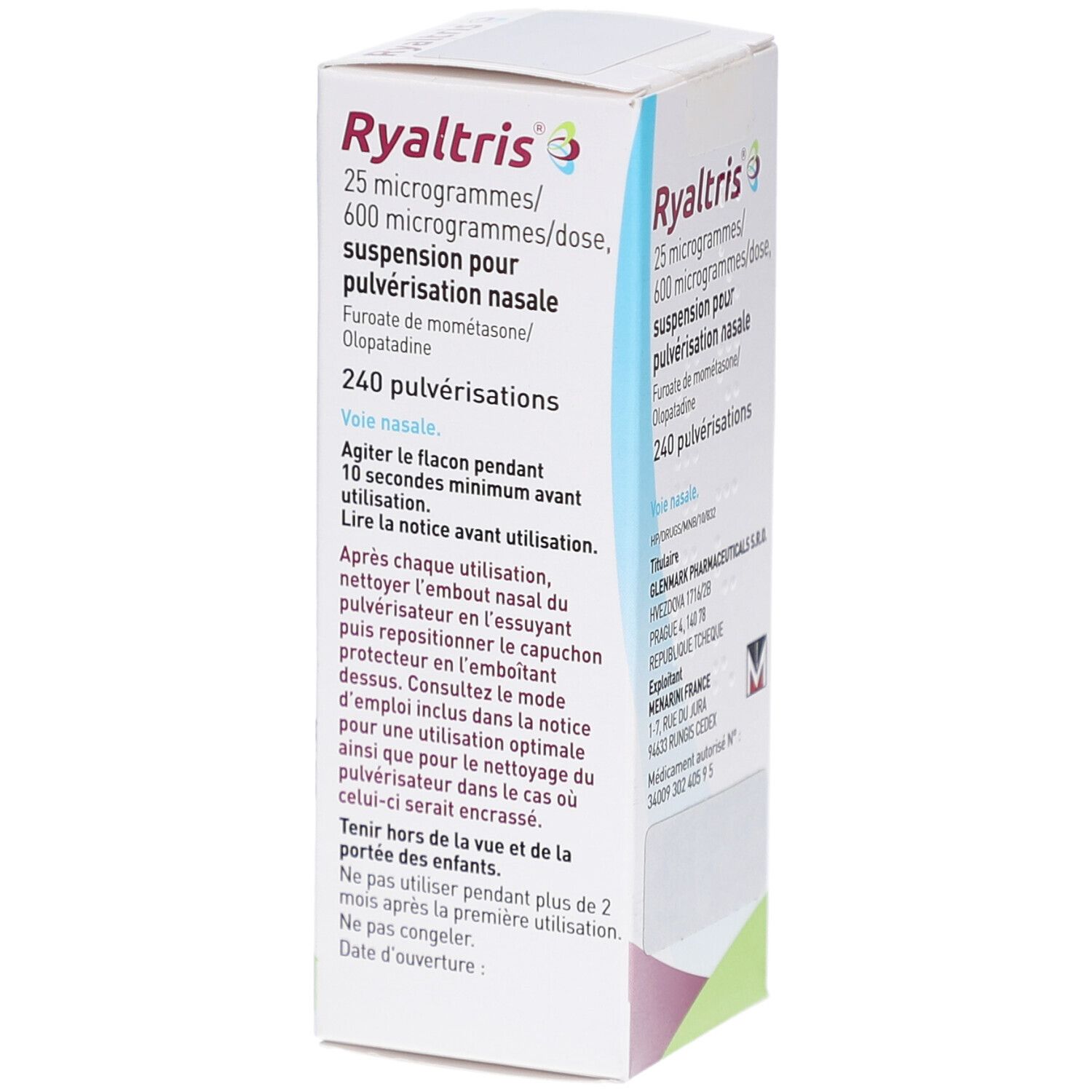 Schachtel mit RYALTRIS Nasenspray. Text: Vor Gebrauch 10 Sekunden schütteln. Hinweise zur Anwendung. Nicht einfrieren.