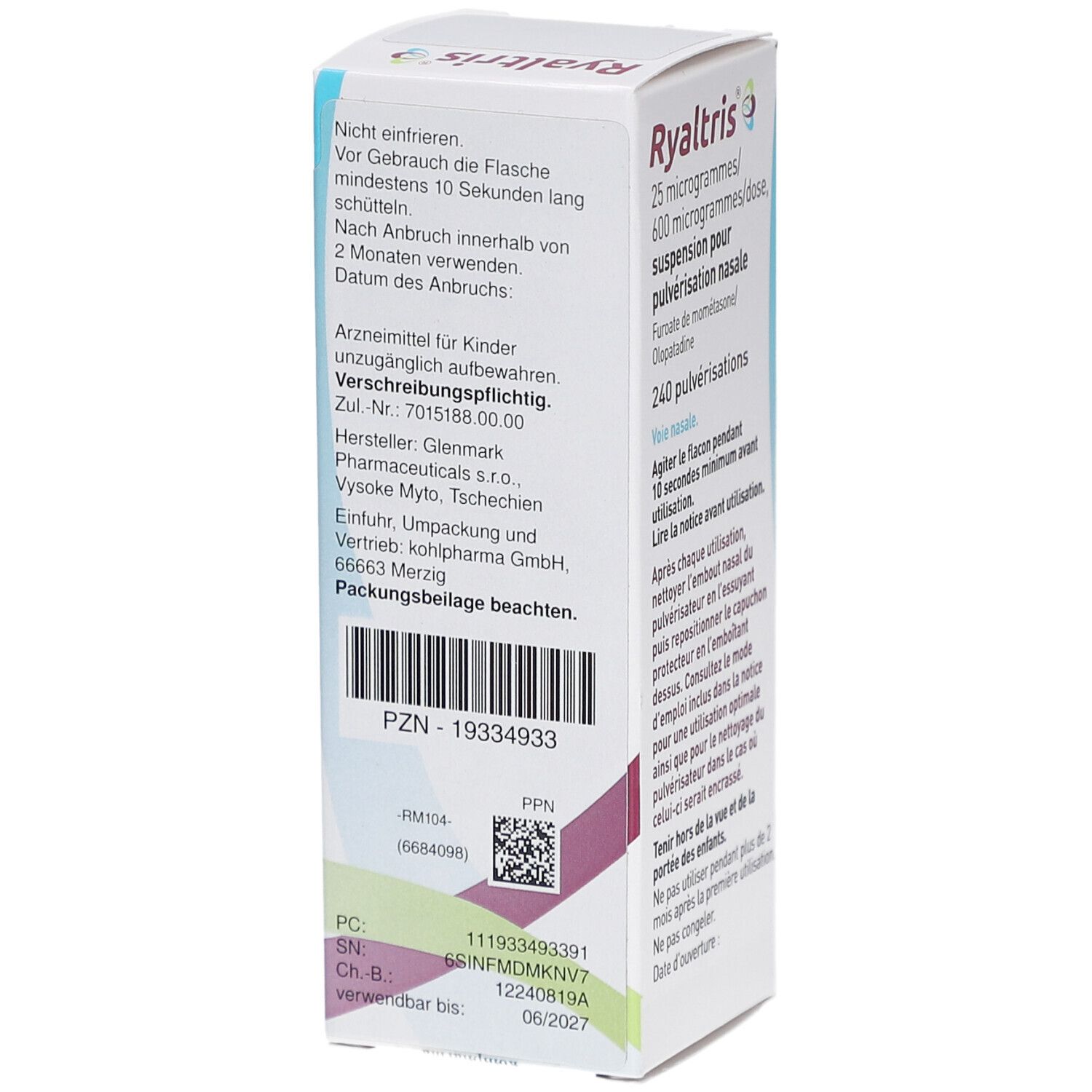 Schachtel mit RYALTRIS Nasenspray. Text: Nicht einfrieren. Nach Anbruch innerhalb von 2 Monaten verwenden. PZN-19334933.