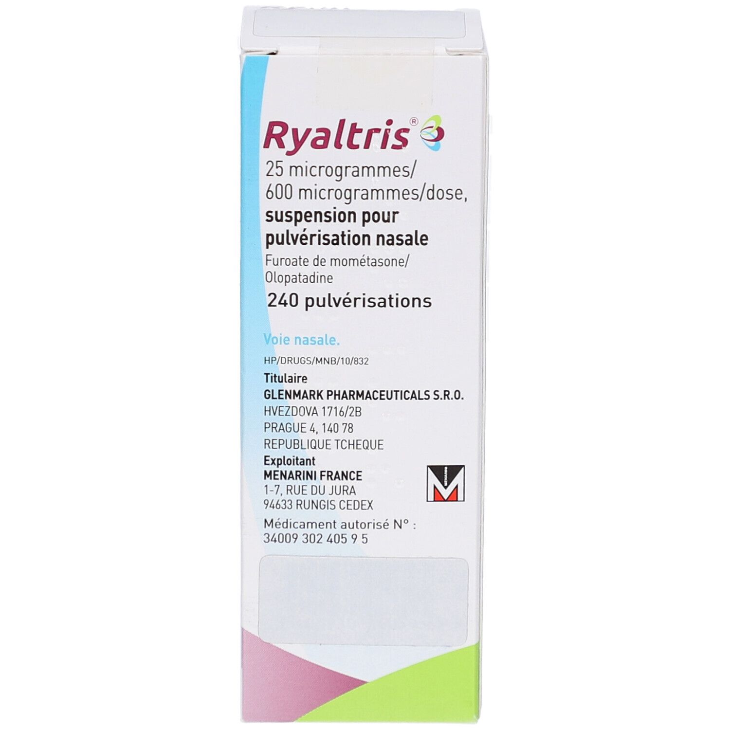 Schachtel mit RYALTRIS Nasenspray. Text: 25 Mikrogramm/600 Mikrogramm/Dosis, Suspension zur nasalen Anwendung, 240 Sprühstöße.