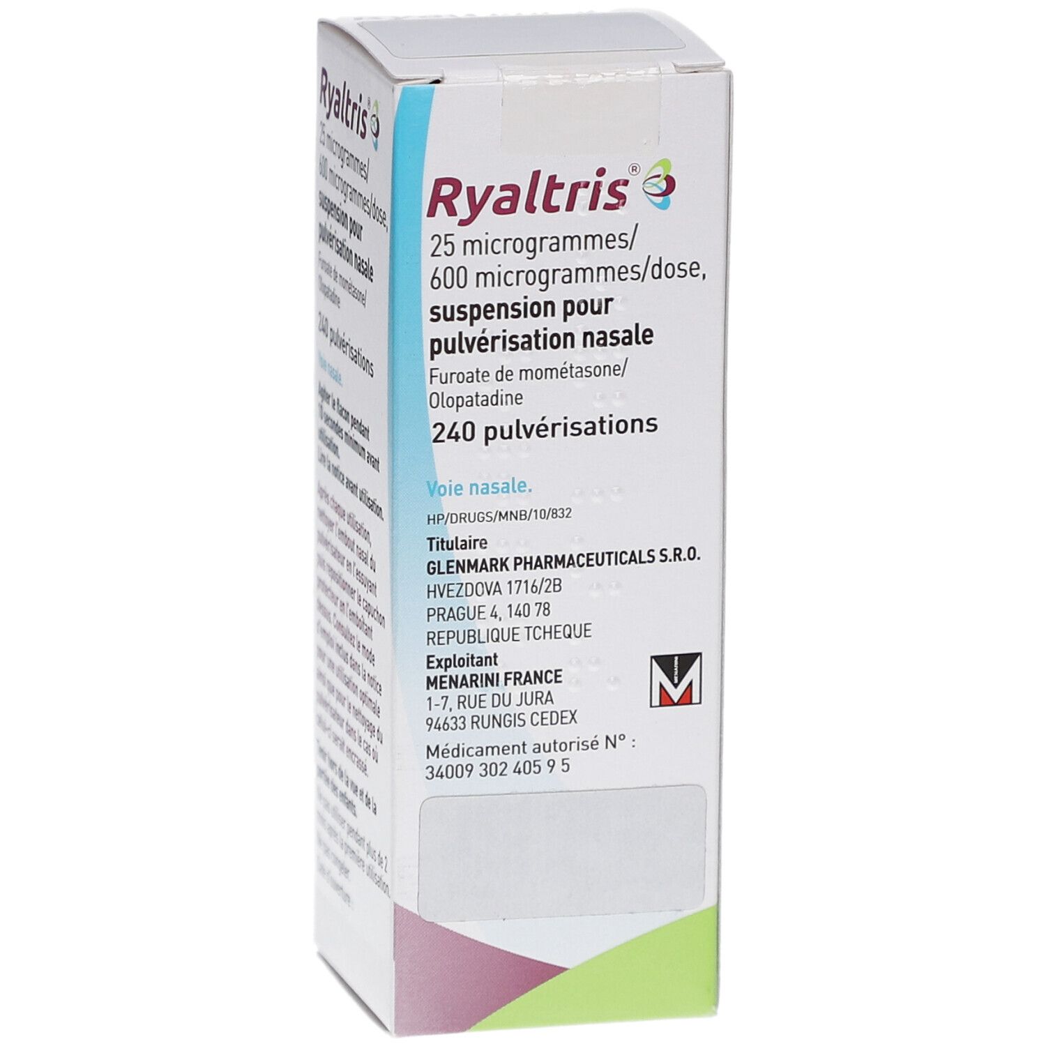 Schachtel mit RYALTRIS Nasenspray. Text: 25 Mikrogramm/600 Mikrogramm/Dosis, Suspension zur nasalen Anwendung, 240 Sprühstöße.