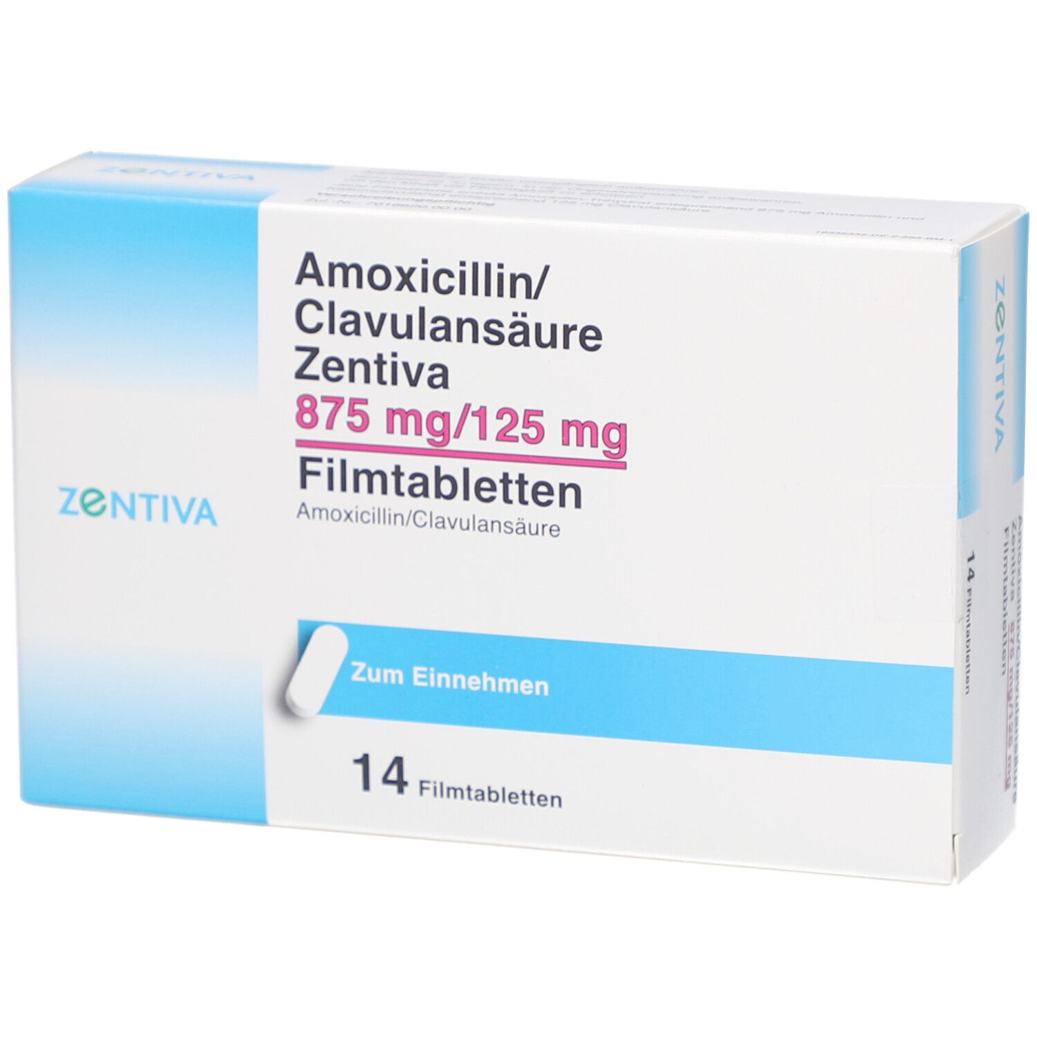 Schachtel mit "Amoxicillin/Clavulansäure Zentiva 875 mg/125 mg Filmtabletten". 14 Tabletten. Blau-weiße Verpackung.