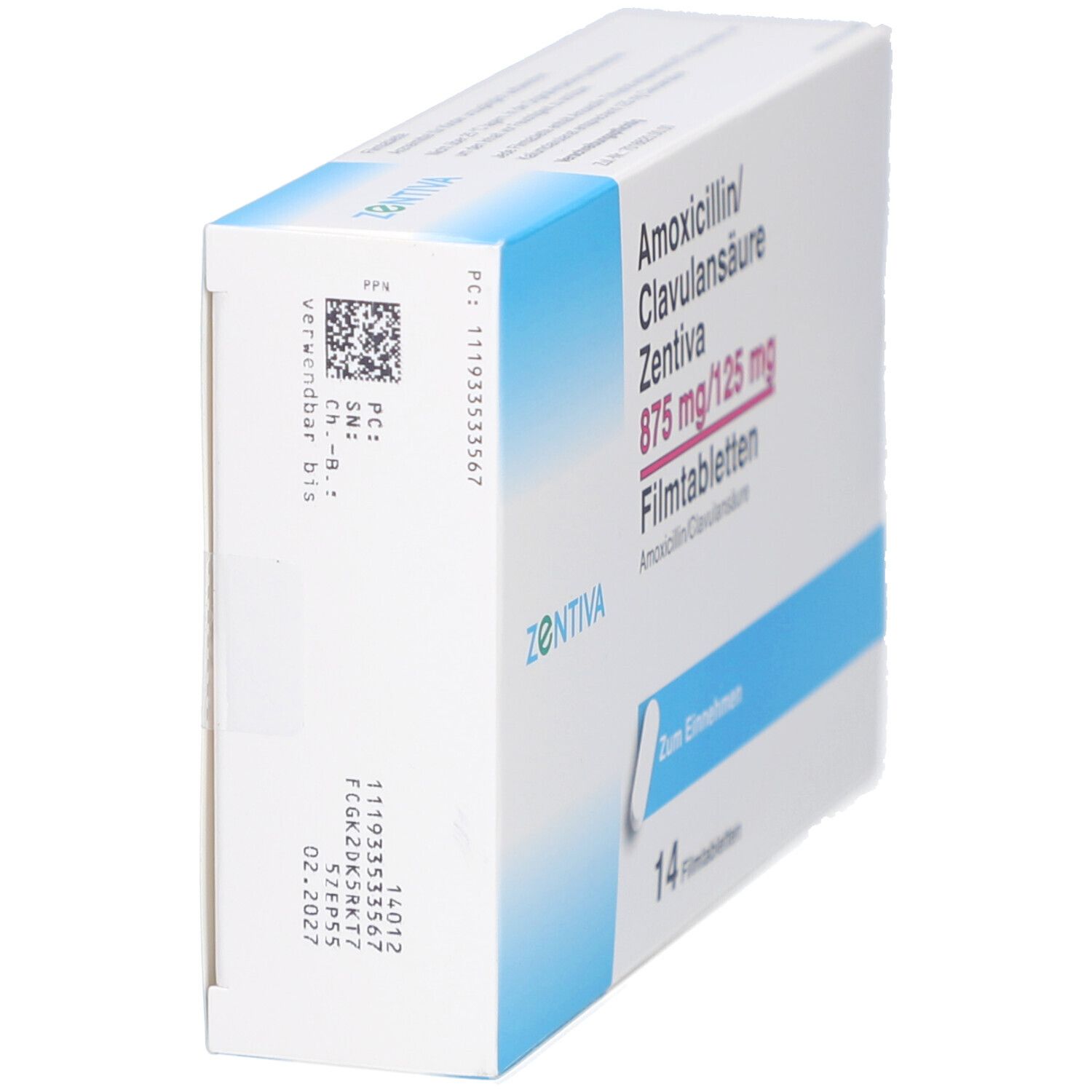 Schachtel "Amoxicillin/Clavulansäure Zentiva 875 mg/125 mg Filmtabletten". Seitenansicht. 14 Tabletten. Weiße Verpackung.