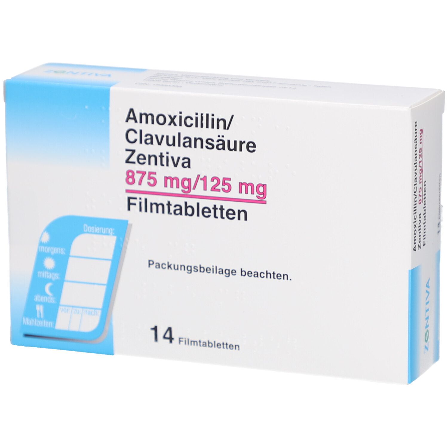 Schachtel "Amoxicillin/Clavulansäure Zentiva 875 mg/125 mg Filmtabletten". 14 Tabletten. Mit Packungsbeilage. Blau-weiße Verpackung.