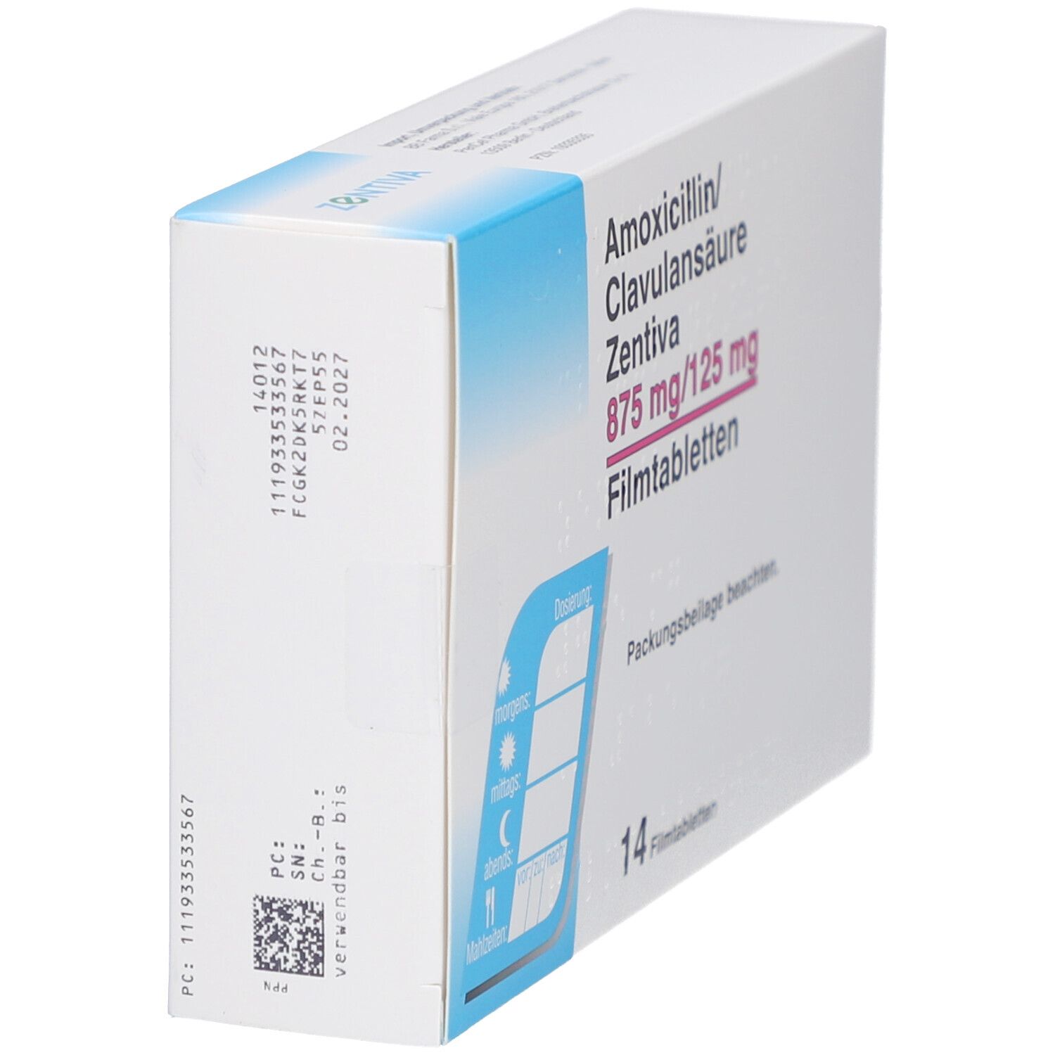 Schachtel "Amoxicillin/Clavulansäure Zentiva 875 mg/125 mg Filmtabletten". Seitenansicht. 14 Tabletten. Weiße Verpackung.
