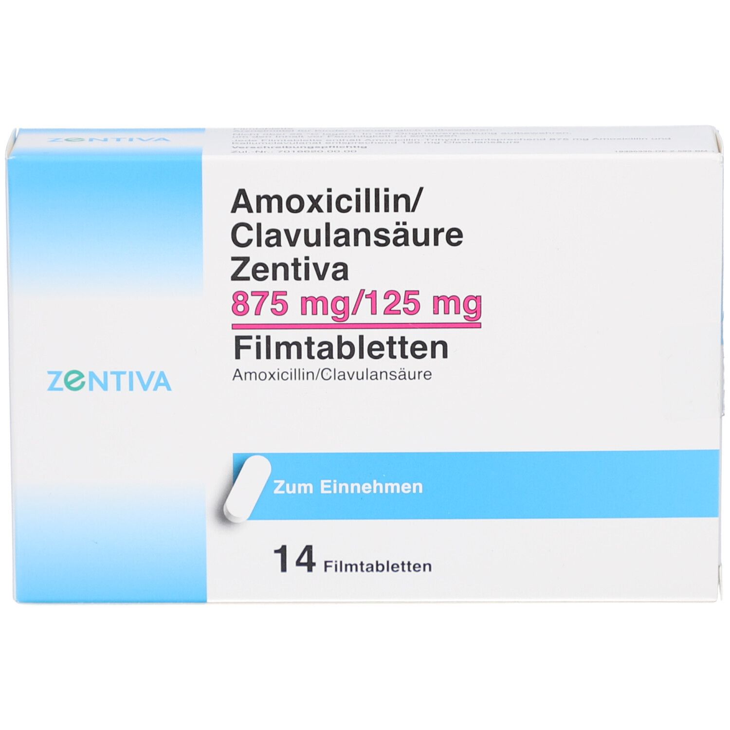 Schachtel "Amoxicillin/Clavulansäure Zentiva 875 mg/125 mg Filmtabletten". 14 Tabletten. Blau-weiße Verpackung. Tablette abgebildet.