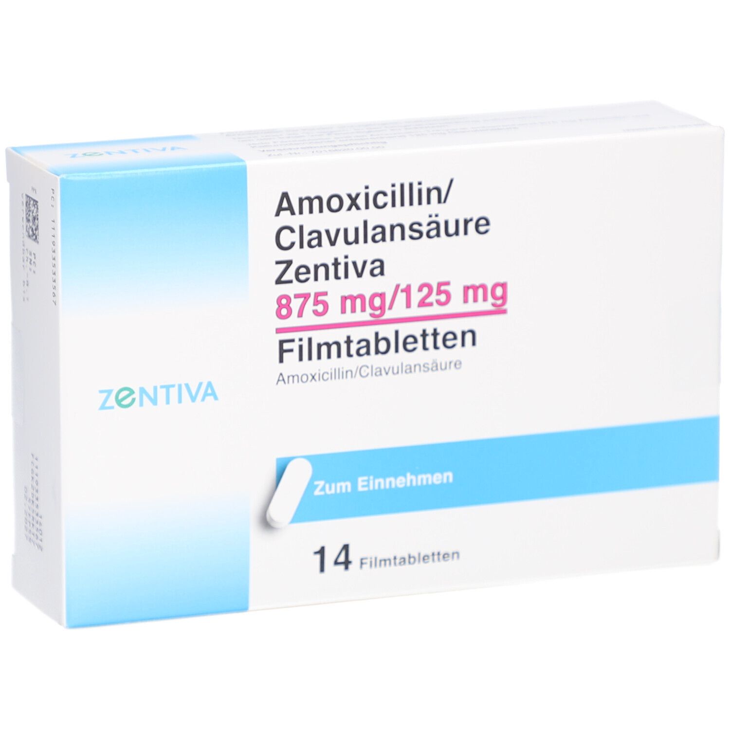 Schachtel "Amoxicillin/Clavulansäure Zentiva 875 mg/125 mg Filmtabletten". 14 Tabletten. Blau-weiße Verpackung. Tablette abgebildet.