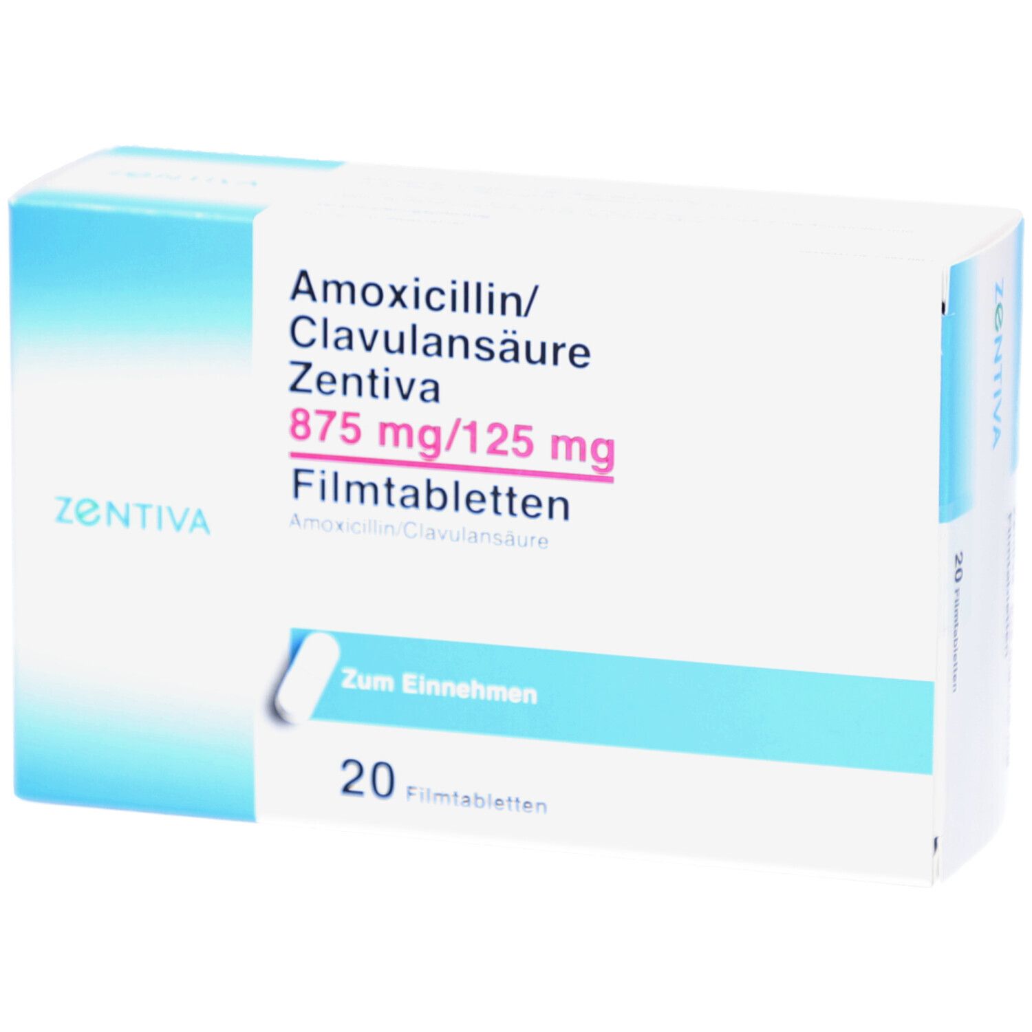 Weiße Arzneimittelverpackung mit blauen Akzenten. Beschriftung: Amoxicillin/Clavulansäure Zentiva 875 mg/125 mg Filmtabletten. 20 Filmtabletten.