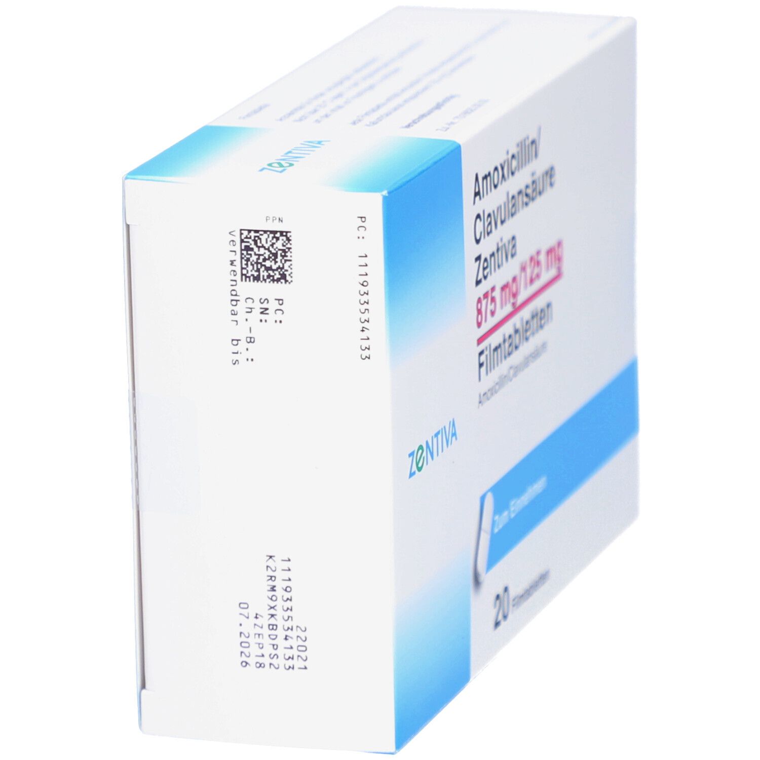 Seitenansicht der Arzneimittelverpackung. Beschriftung: Amoxicillin/Clavulansäure Zentiva 875 mg/125 mg Filmtabletten. Barcode und Haltbarkeitsdatum.