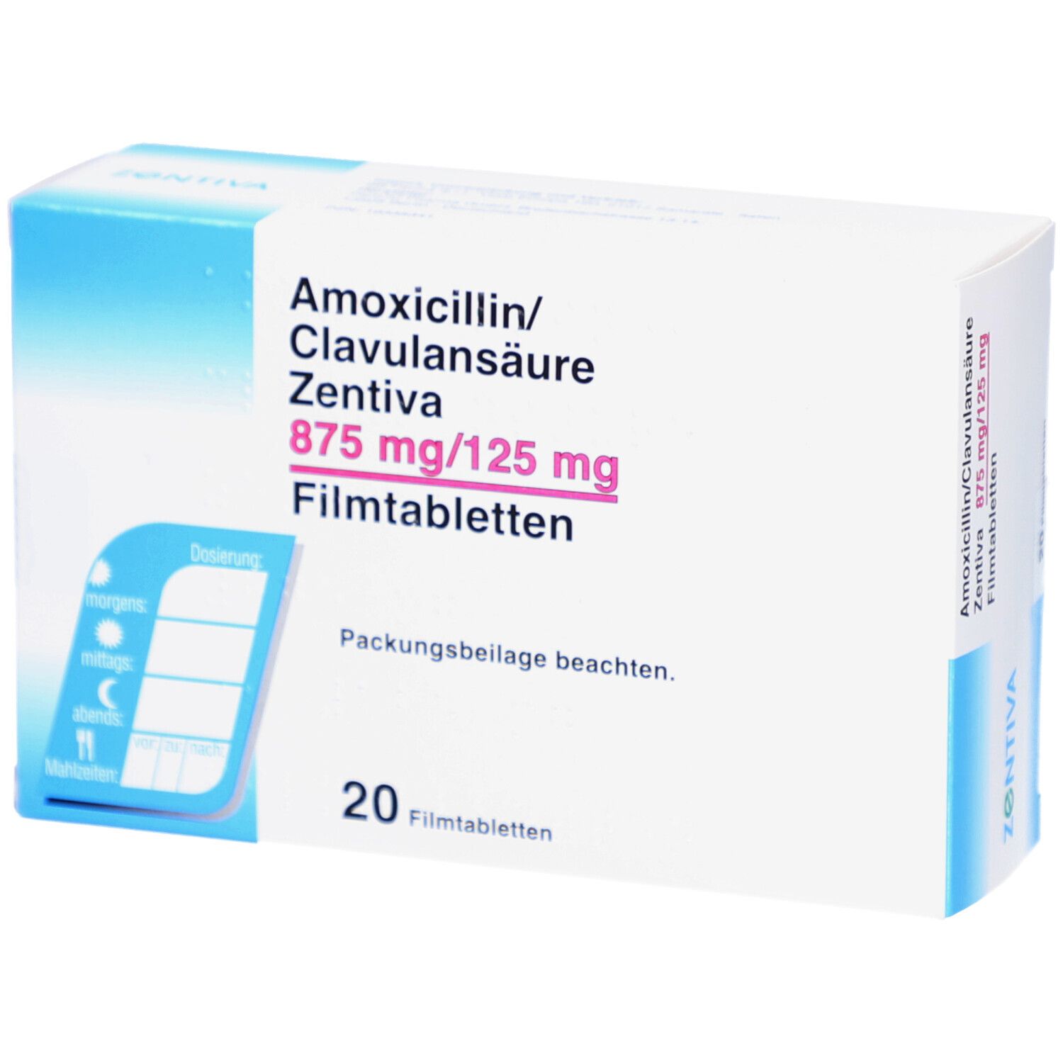 Arzneimittelverpackung mit blauen Akzenten. Beschriftung: Amoxicillin/Clavulansäure Zentiva 875 mg/125 mg Filmtabletten. 20 Filmtabletten. Dosierungshinweise.
