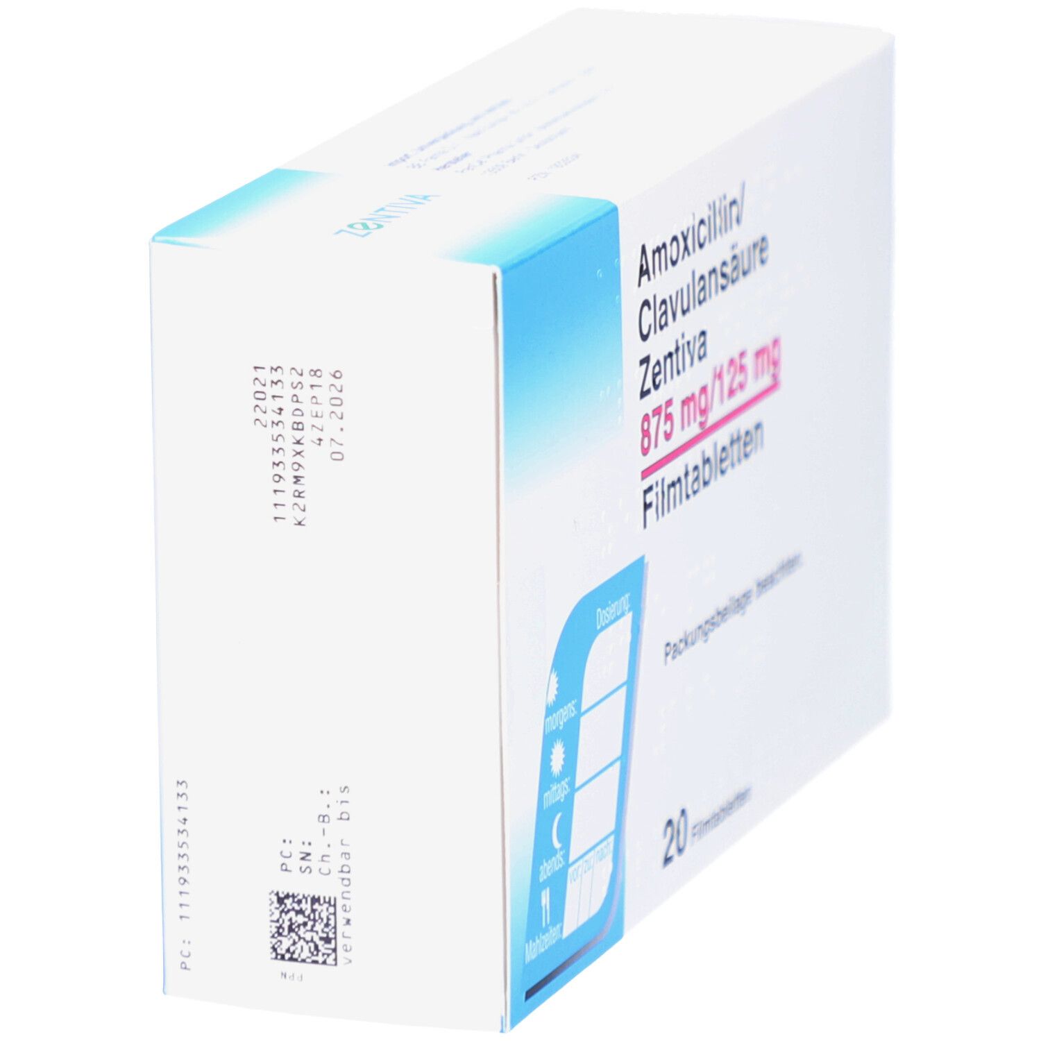 Seitenansicht der Arzneimittelverpackung. Beschriftung: Amoxicillin/Clavulansäure Zentiva 875 mg/125 mg Filmtabletten. 20 Filmtabletten. Dosierungshinweise.