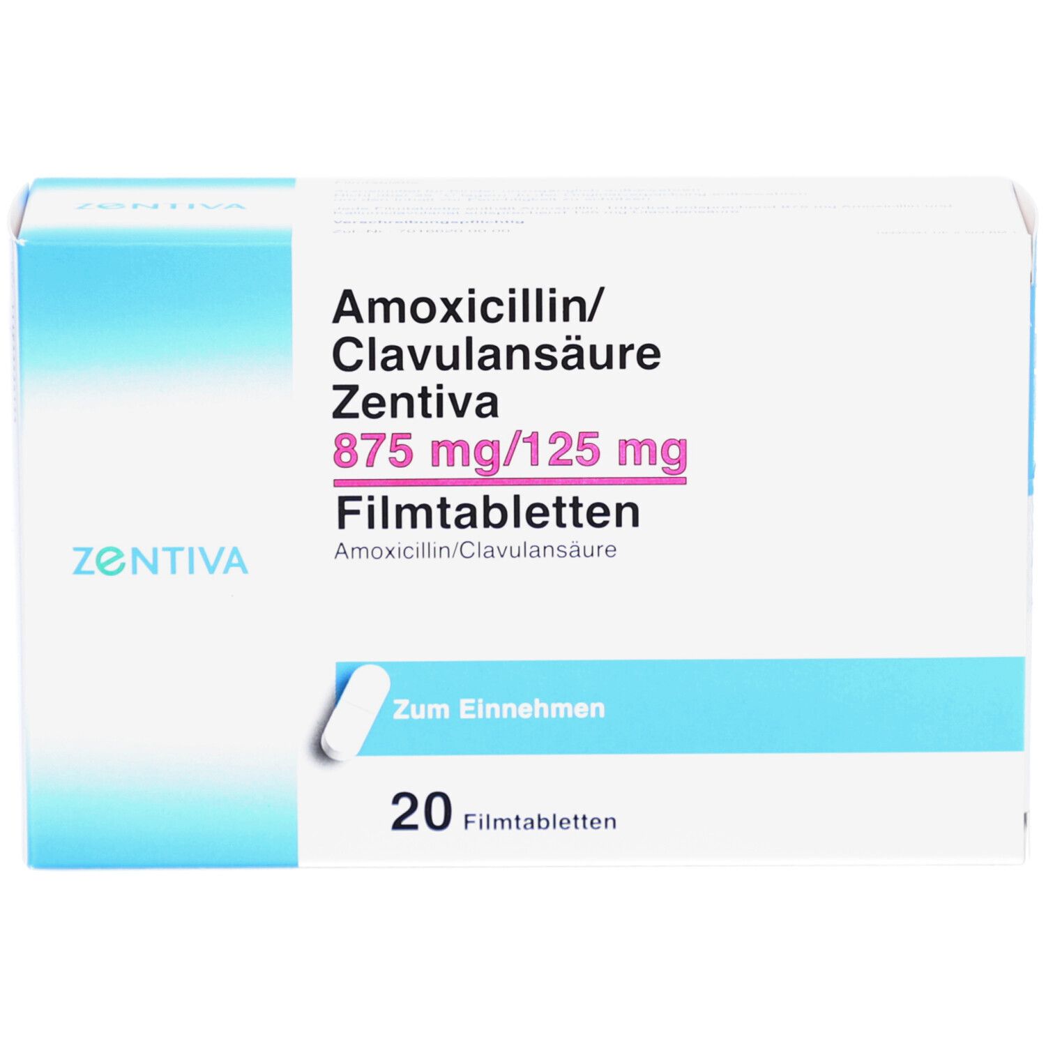 Arzneimittelverpackung mit blauen Akzenten. Beschriftung: Amoxicillin/Clavulansäure Zentiva 875 mg/125 mg Filmtabletten. 20 Filmtabletten. Tablette.