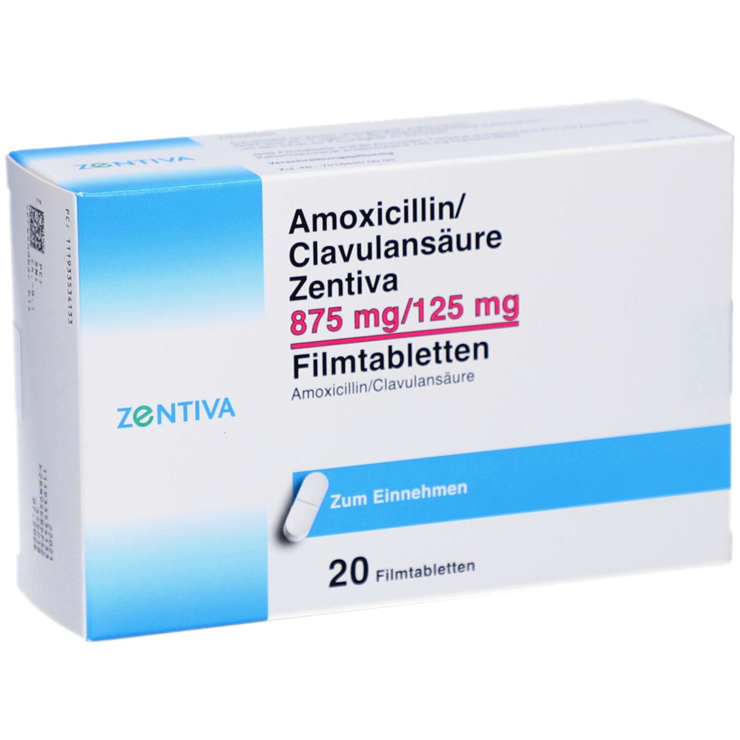 Arzneimittelverpackung mit blauen Akzenten. Beschriftung: Amoxicillin/Clavulansäure Zentiva 875 mg/125 mg Filmtabletten. 20 Filmtabletten. Tablette.