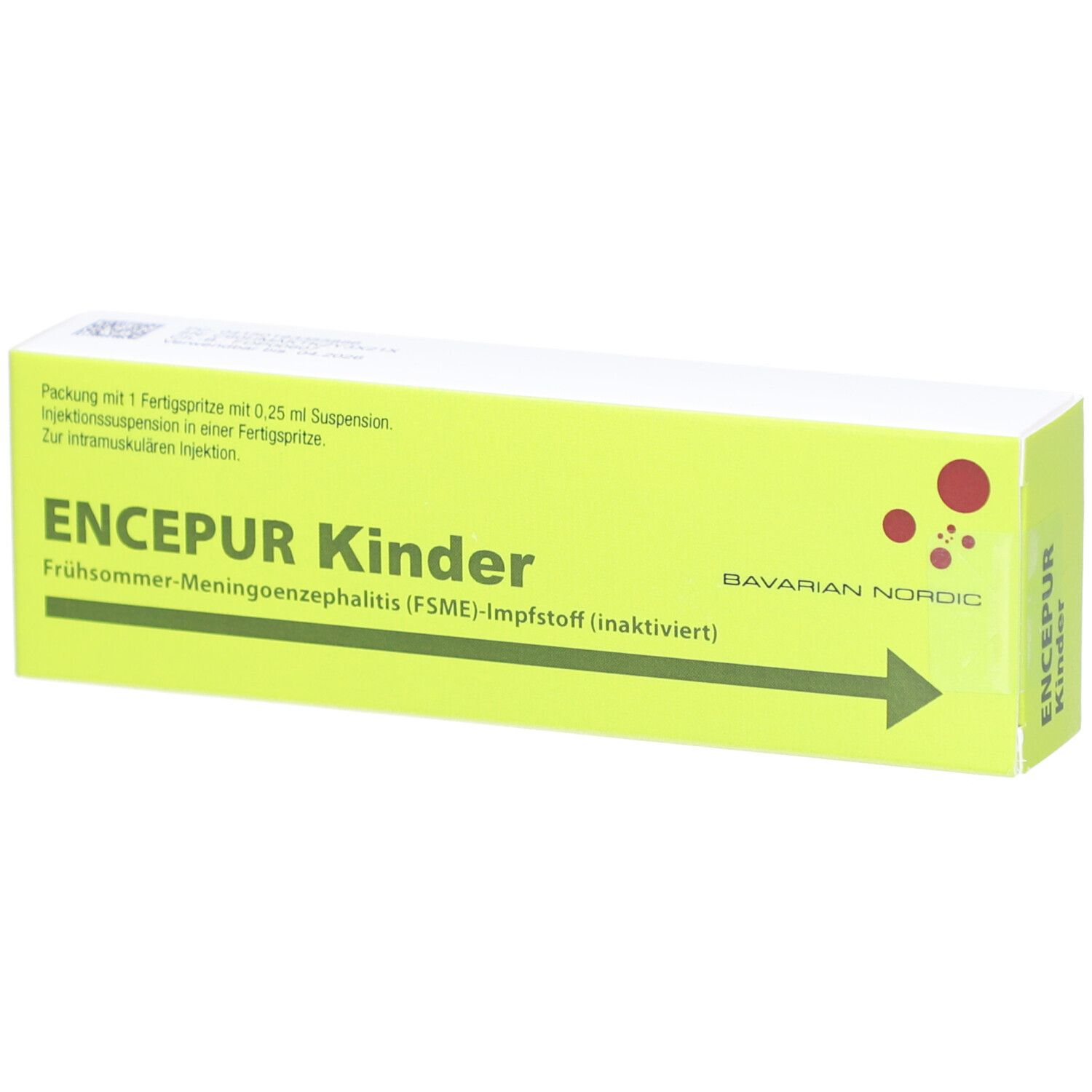 Gelbe Schachtel mit Produktnamen ENCEPUR Kinder. Text: FSME-Impfstoff (inaktiviert). Bavarian Nordic Logo.