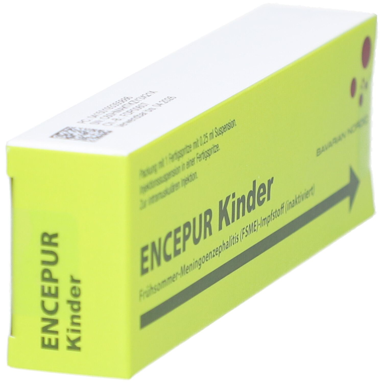 Schachtel ENCEPUR Kinder, gelb und weiß. Text: FSME-Impfstoff (inaktiviert). Bavarian Nordic Logo. Ansicht schräg.