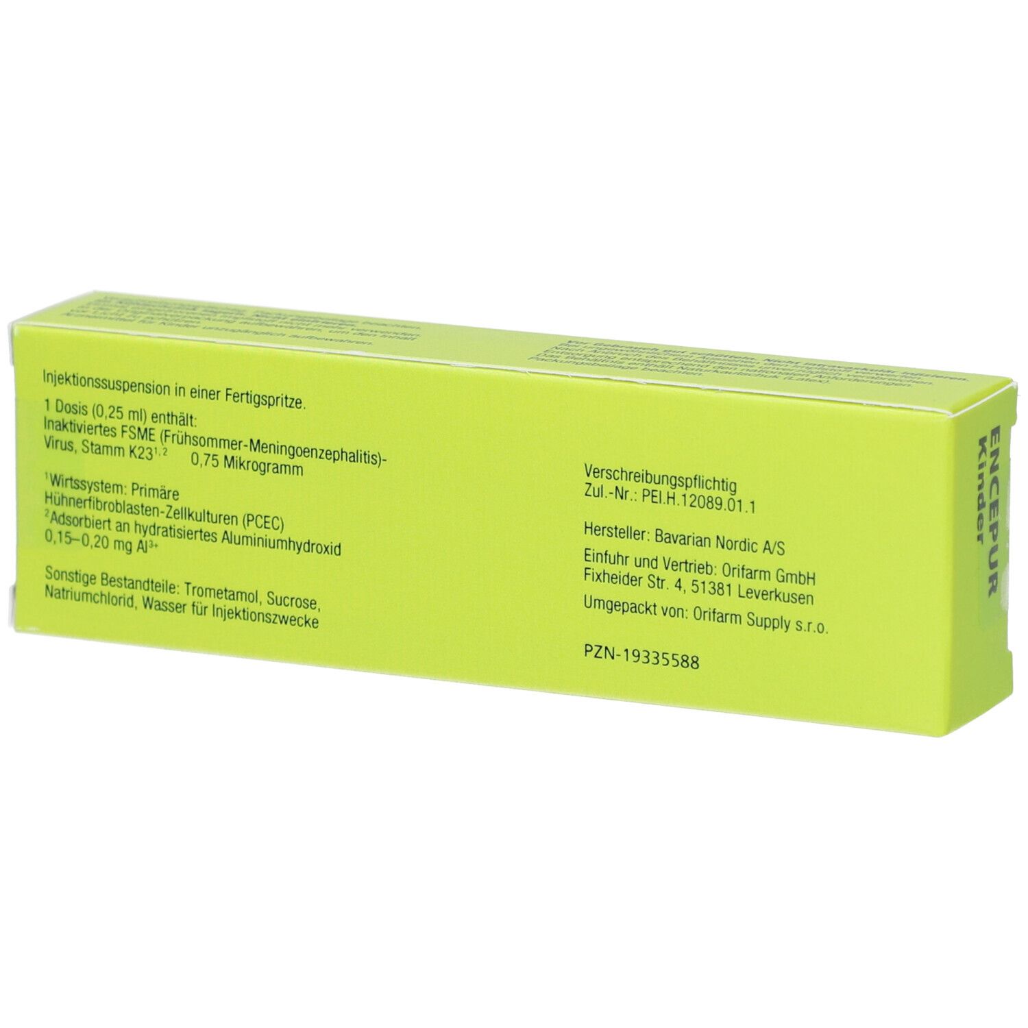 Gelbe Schachtel mit Text. Enthält Informationen zu Inhaltsstoffen und Hersteller. PZN-19335588.