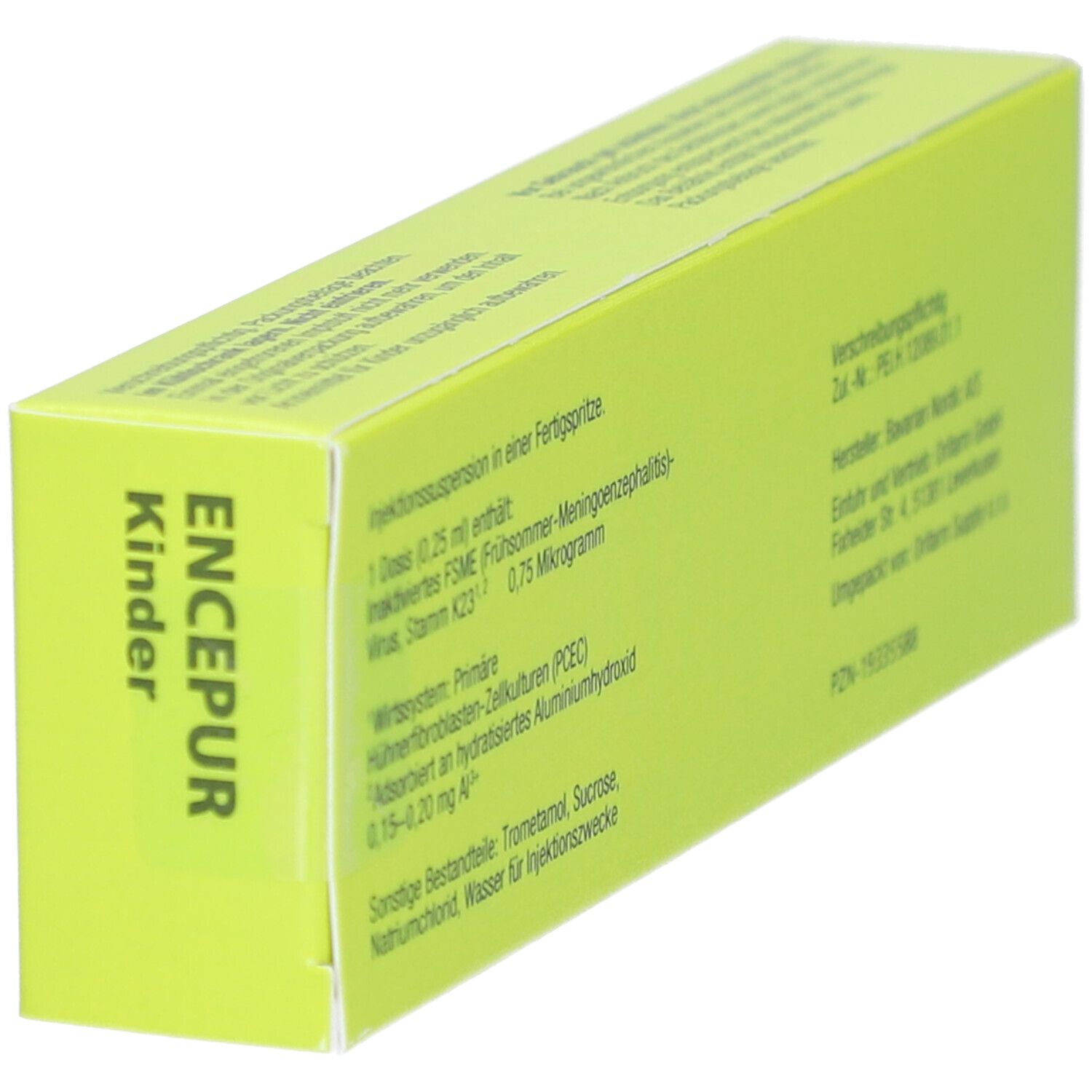 Gelbe Schachtel mit Text. Enthält Informationen zu Inhaltsstoffen und Hersteller. PZN-19335588. Ansicht schräg.