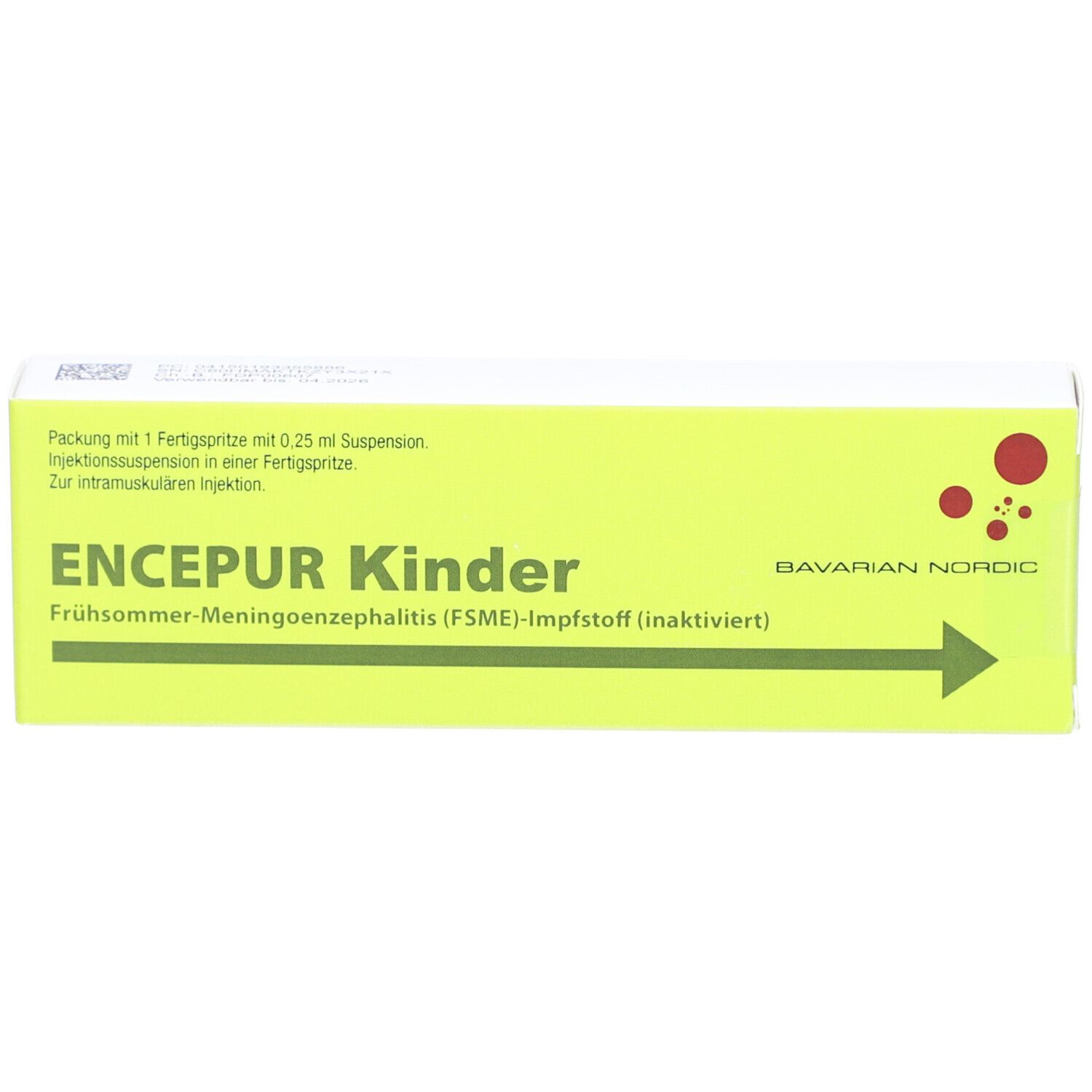 Gelbe Schachtel mit Produktnamen ENCEPUR Kinder. Text: FSME-Impfstoff (inaktiviert). Bavarian Nordic Logo.