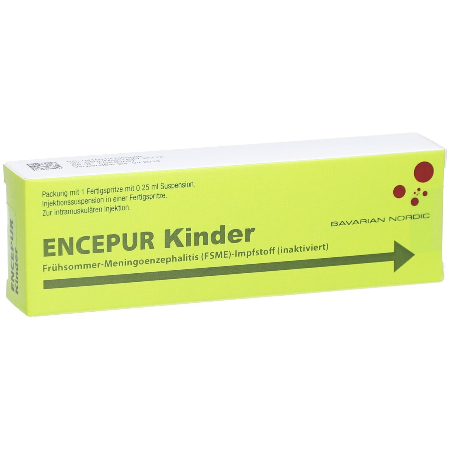 Gelbe Schachtel mit Produktnamen ENCEPUR Kinder. Text: FSME-Impfstoff (inaktiviert). Bavarian Nordic Logo.