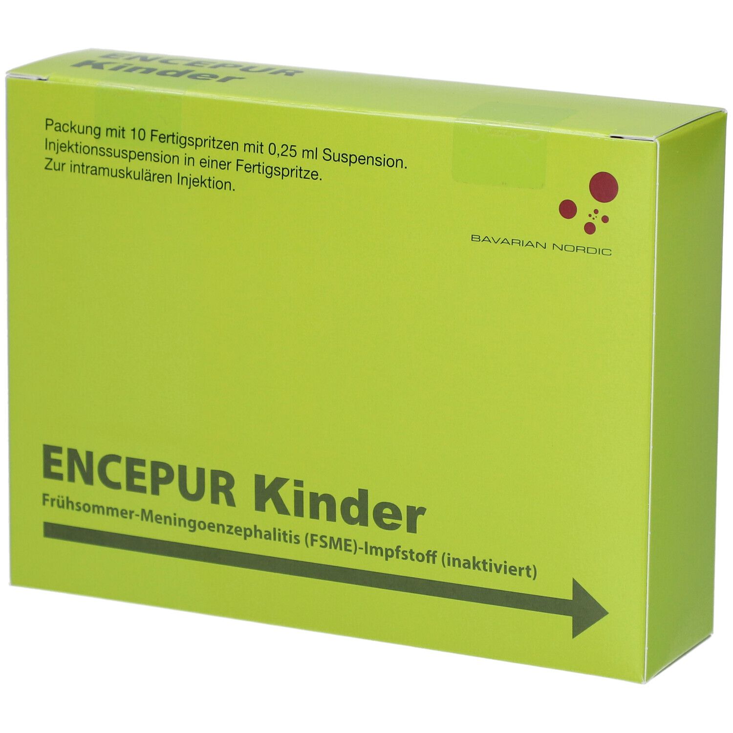Grüne Schachtel mit Aufschrift ENCEPUR Kinder. Enthält 10 Fertigspritzen. Bavarian Nordic Logo.