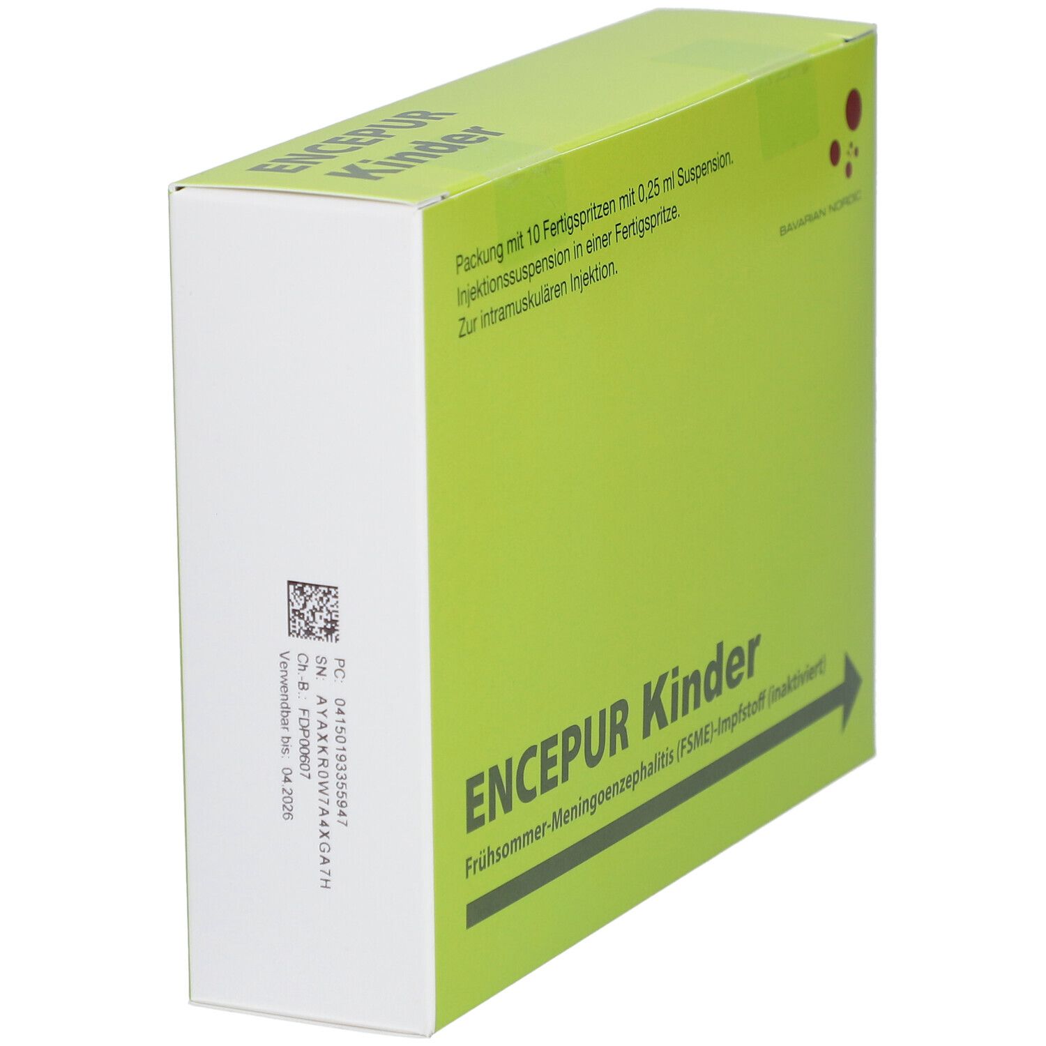 Grüne Schachtel mit ENCEPUR Kinder. Enthält 10 Fertigspritzen. Barcode und Herstellerinformationen.