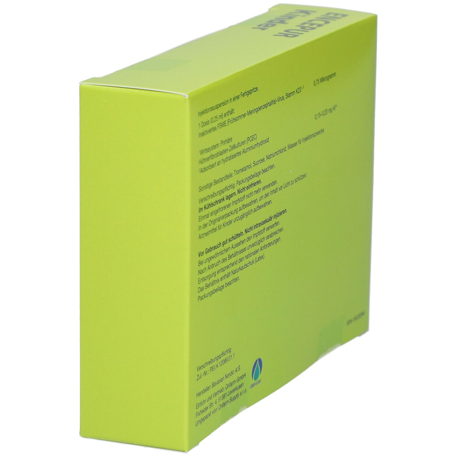 Seitenansicht der grünen Schachtel mit Produktinformationen. Text in deutscher Sprache.