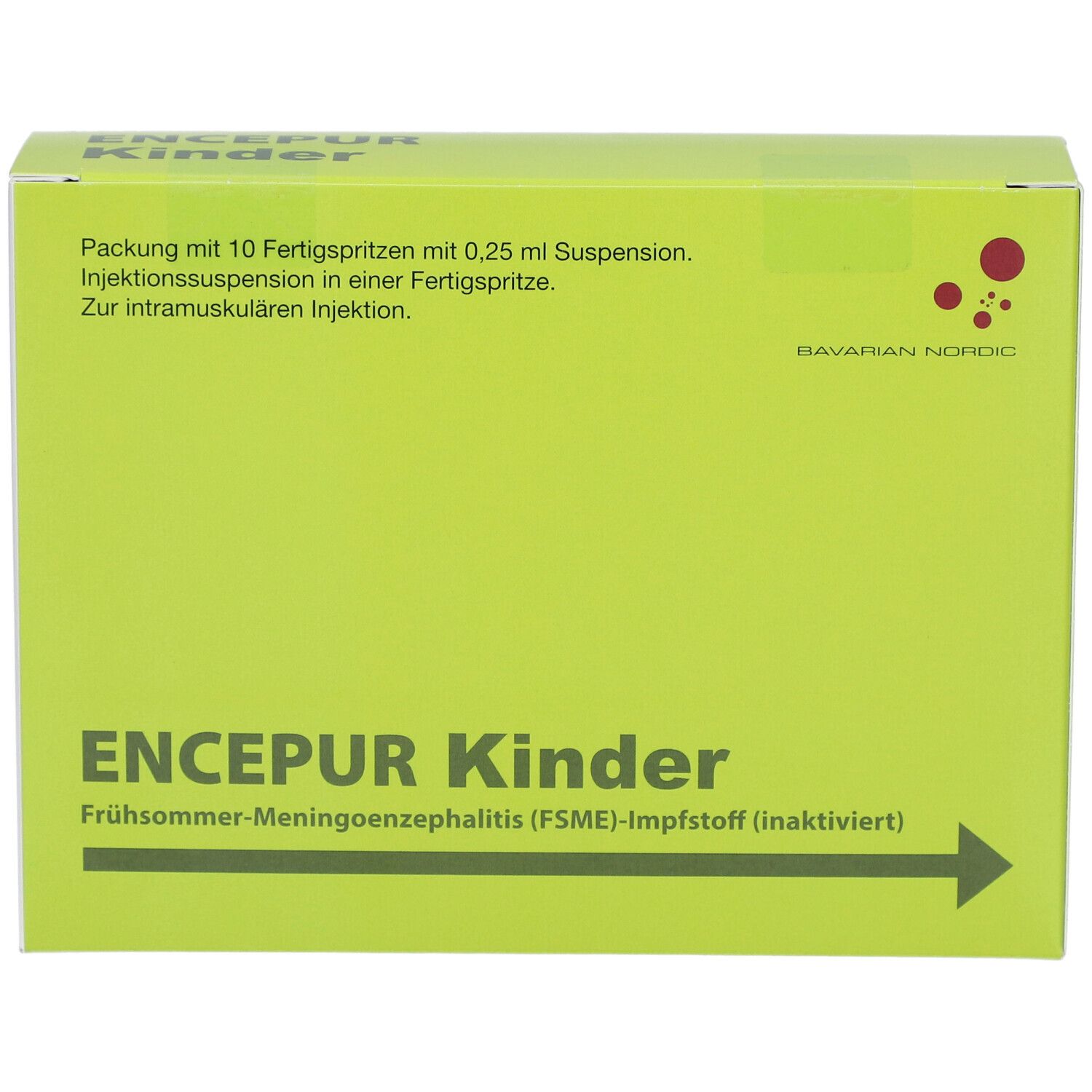 Grüne Schachtel mit ENCEPUR Kinder. Enthält 10 Fertigspritzen. Bavarian Nordic Logo.
