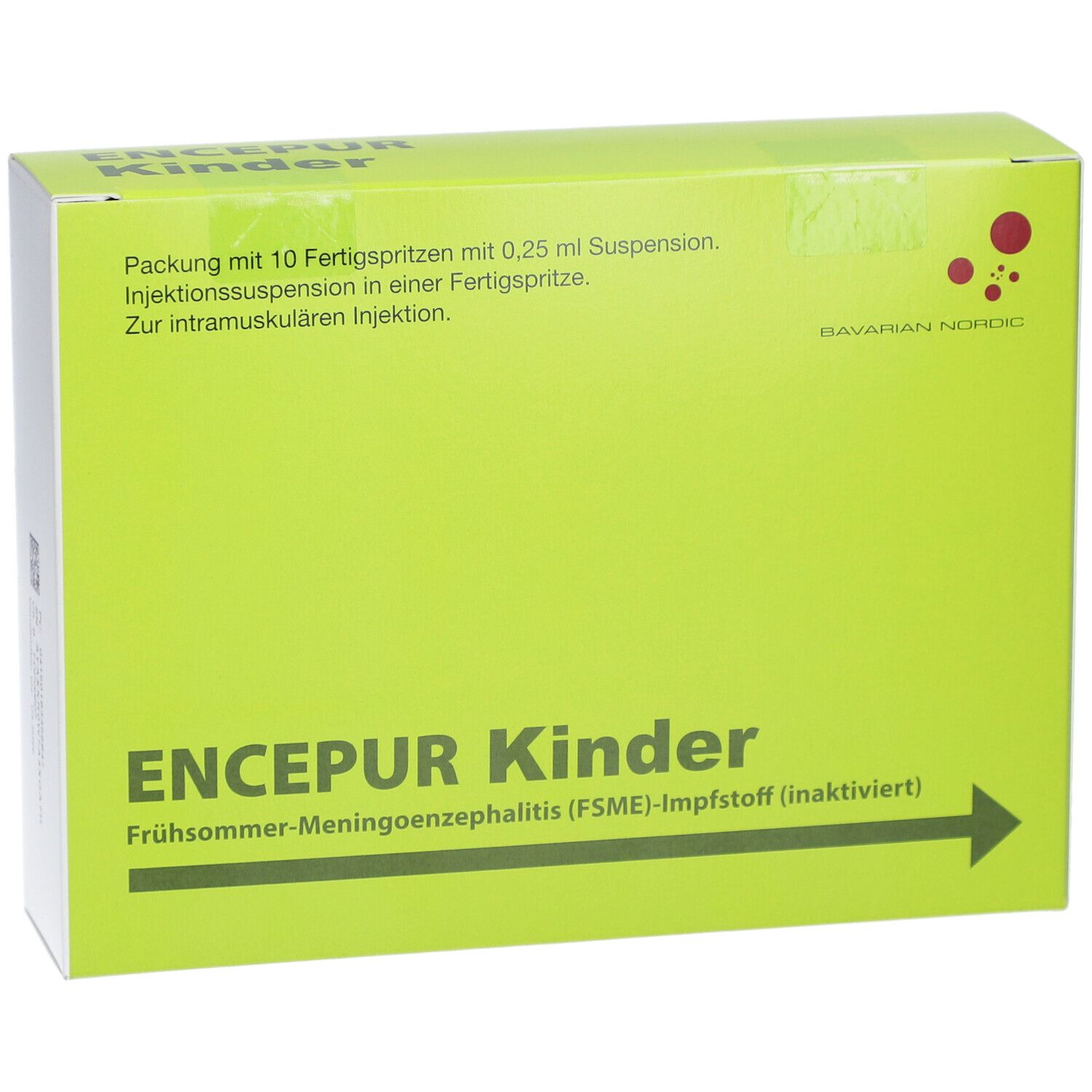 Grüne Schachtel mit ENCEPUR Kinder. Enthält 10 Fertigspritzen. Bavarian Nordic Logo.