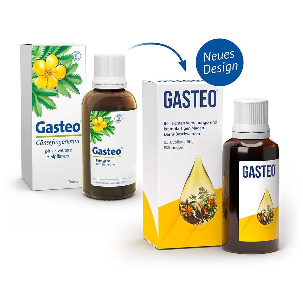 Verpackung und Flasche von GASTEO®. Flasche mit brauner Flüssigkeit. Neues Design. Produktname und Logo deutlich sichtbar.