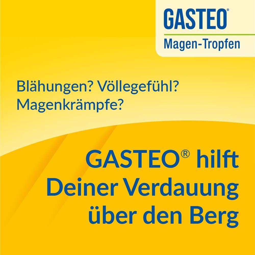 Gelber Hintergrund mit Text. GASTEO® hilft bei Verdauungsbeschwerden. Text: Blähungen? Völlegefühl? Magenkrämpfe?