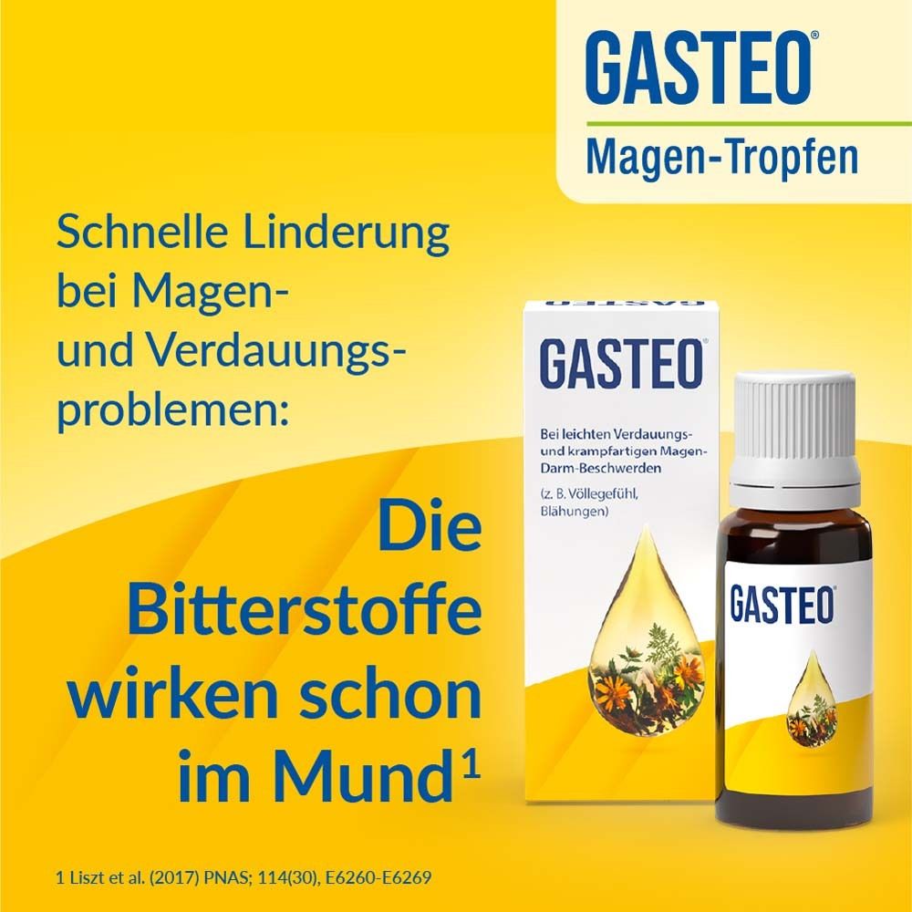 Gelber Hintergrund mit Text. GASTEO Magen-Tropfen. Schnelle Linderung bei Magen- und Verdauungsproblemen. Bitterstoffe wirken im Mund.