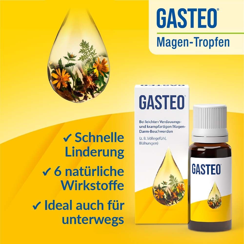 Gelber Hintergrund mit Text. GASTEO Magen-Tropfen. Schnelle Linderung, 6 natürliche Wirkstoffe, ideal für unterwegs. Flasche und Schachtel.