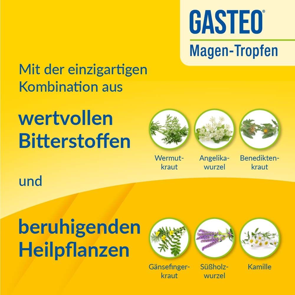 Gelber Hintergrund mit Text. GASTEO Magen-Tropfen. Kombination aus wertvollen Bitterstoffen und beruhigenden Heilpflanzen. Abbildungen.