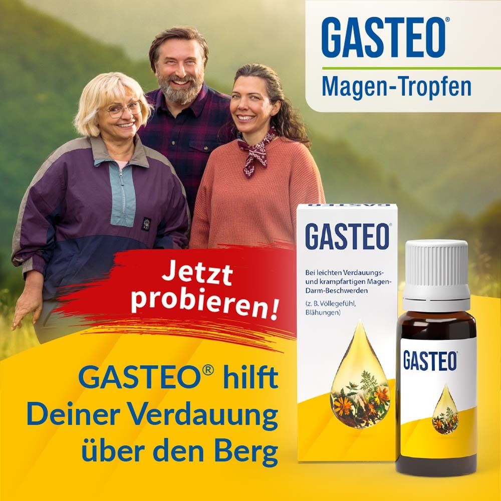Drei Personen vor Bergkulisse. GASTEO Magen-Tropfen. Text: Jetzt probieren! GASTEO hilft Deiner Verdauung über den Berg. Flasche und Schachtel.