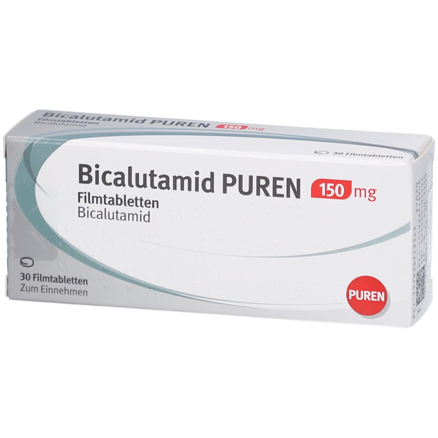 Schachtel Bicalutamid PUREN 150 mg Filmtabletten. Weiße Verpackung mit roter Schrift. 30 Filmtabletten. PUREN Logo.