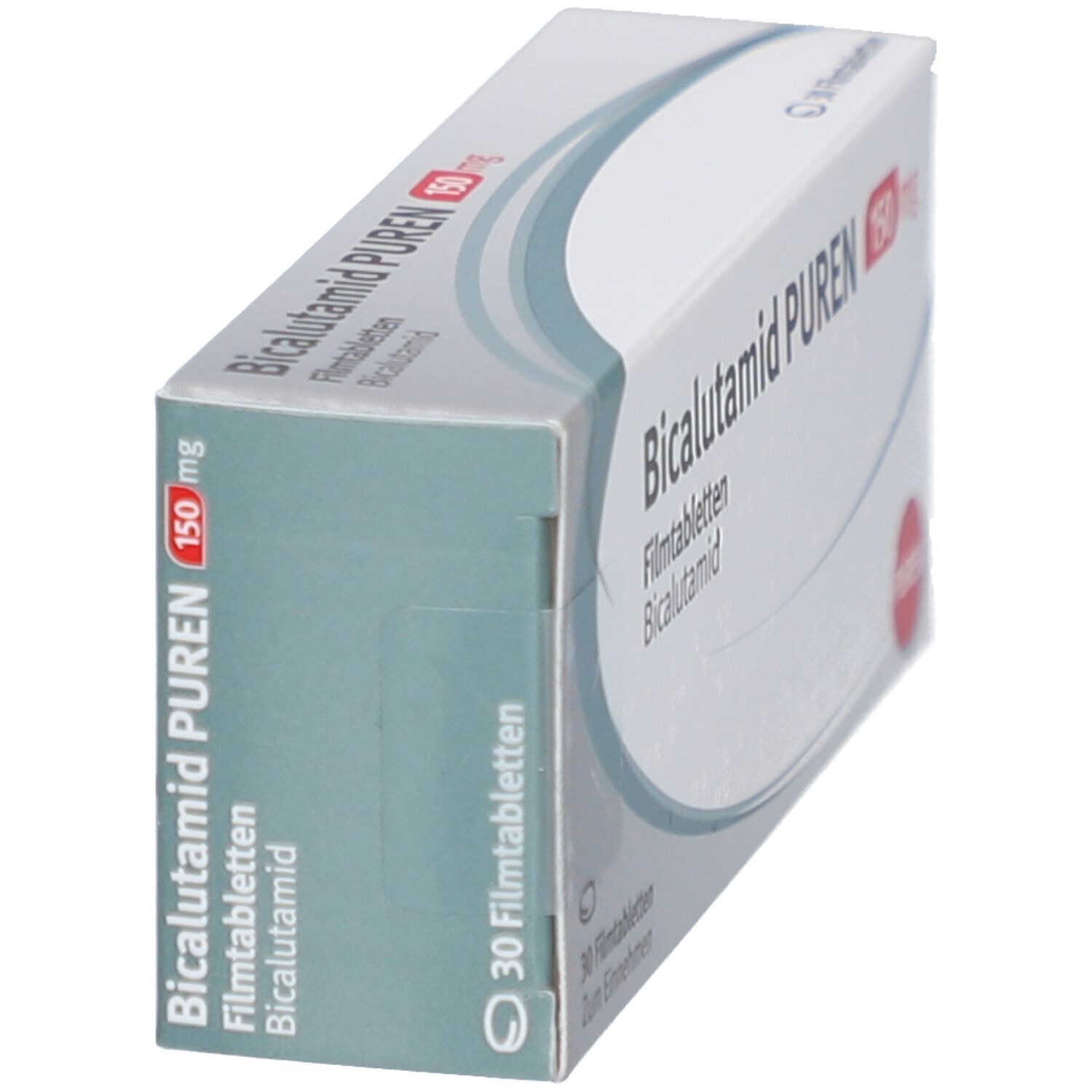 Schachtel Bicalutamid PUREN 150 mg. Seitenansicht. Weiße Verpackung mit roter Schrift. 30 Filmtabletten. PUREN Logo.