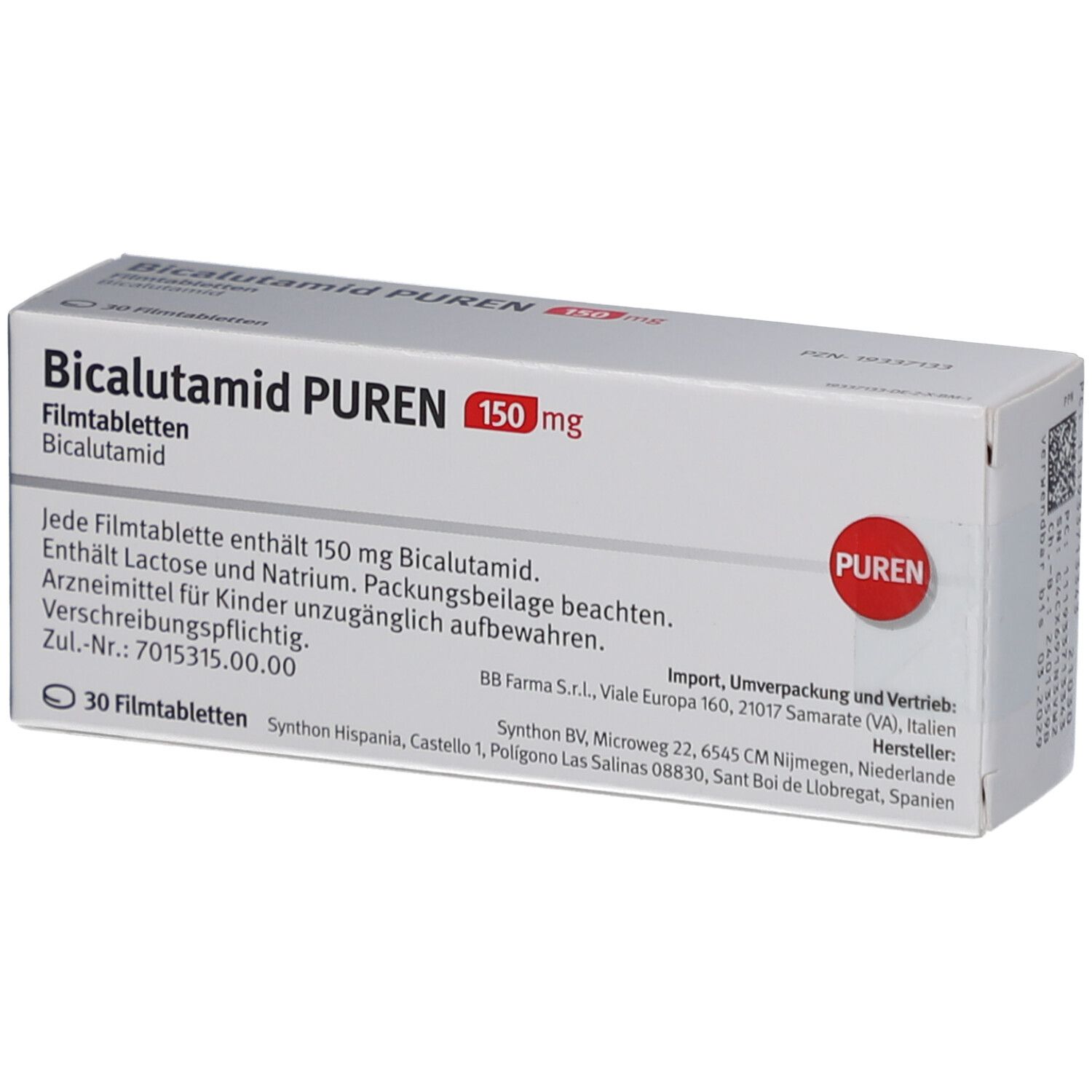 Schachtel Bicalutamid PUREN 150 mg Filmtabletten. Textinformationen auf der Verpackung. 30 Filmtabletten. PUREN Logo.