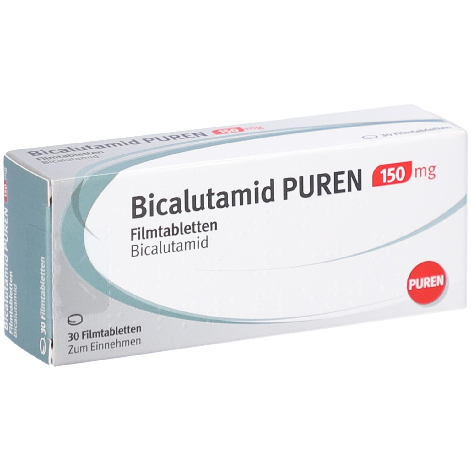 Schachtel Bicalutamid PUREN 150 mg. Schräge Ansicht. Weiße Verpackung mit roter Schrift. 30 Filmtabletten. PUREN Logo.