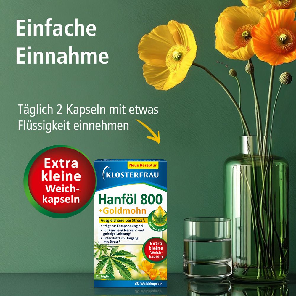 KLOSTERFRAU Hanföl 800 + Goldmohn. Blaue Schachtel, daneben Glas Wasser und gelbe Blumen. Text: Einfache Einnahme.