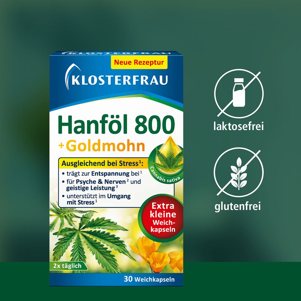 KLOSTERFRAU Hanföl 800 + Goldmohn. Blaue Schachtel mit Produktinformationen. Text: laktosefrei, glutenfrei.