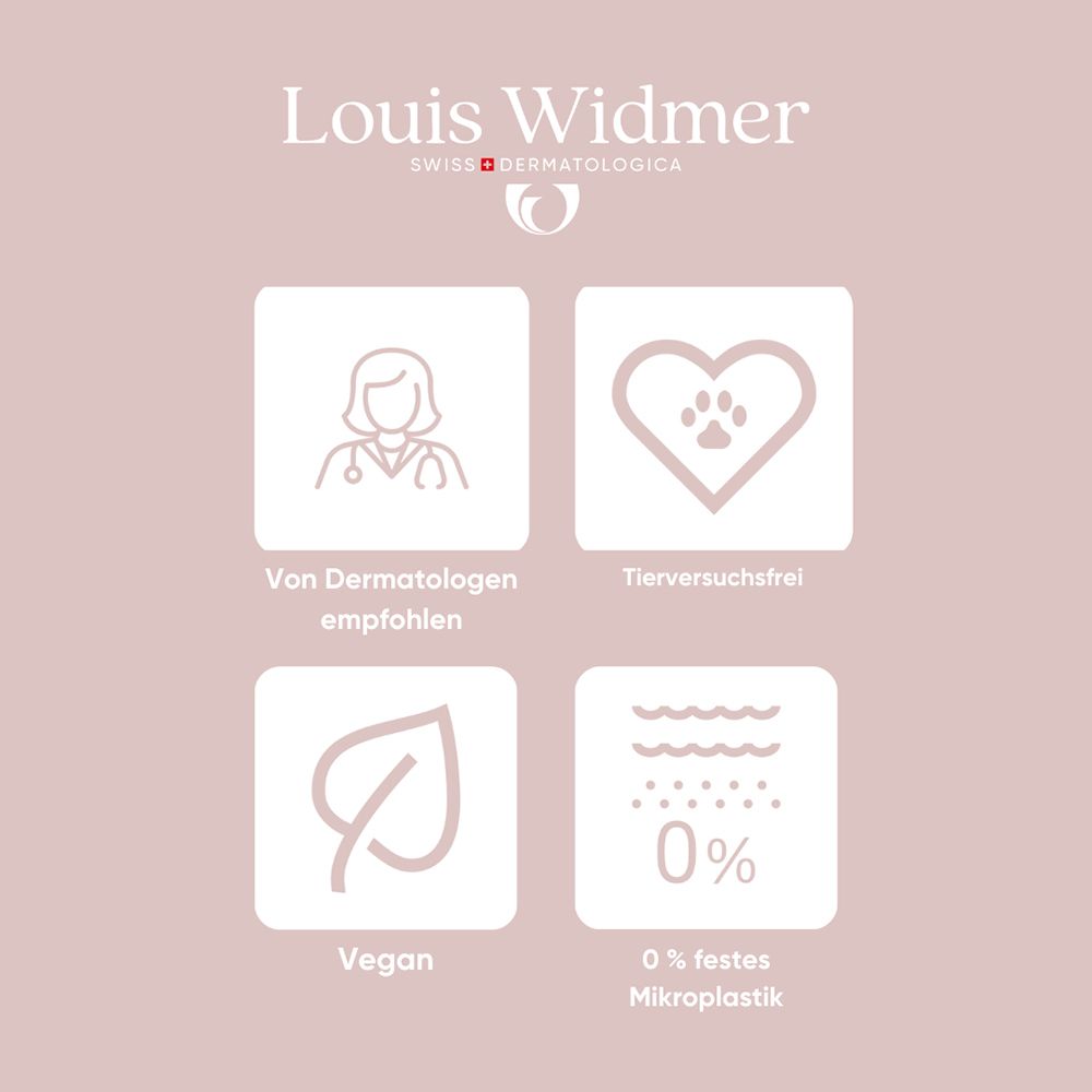 Vier Icons: Dermatologen empfohlen, Tierversuchsfrei, Vegan, 0% Mikroplastik.