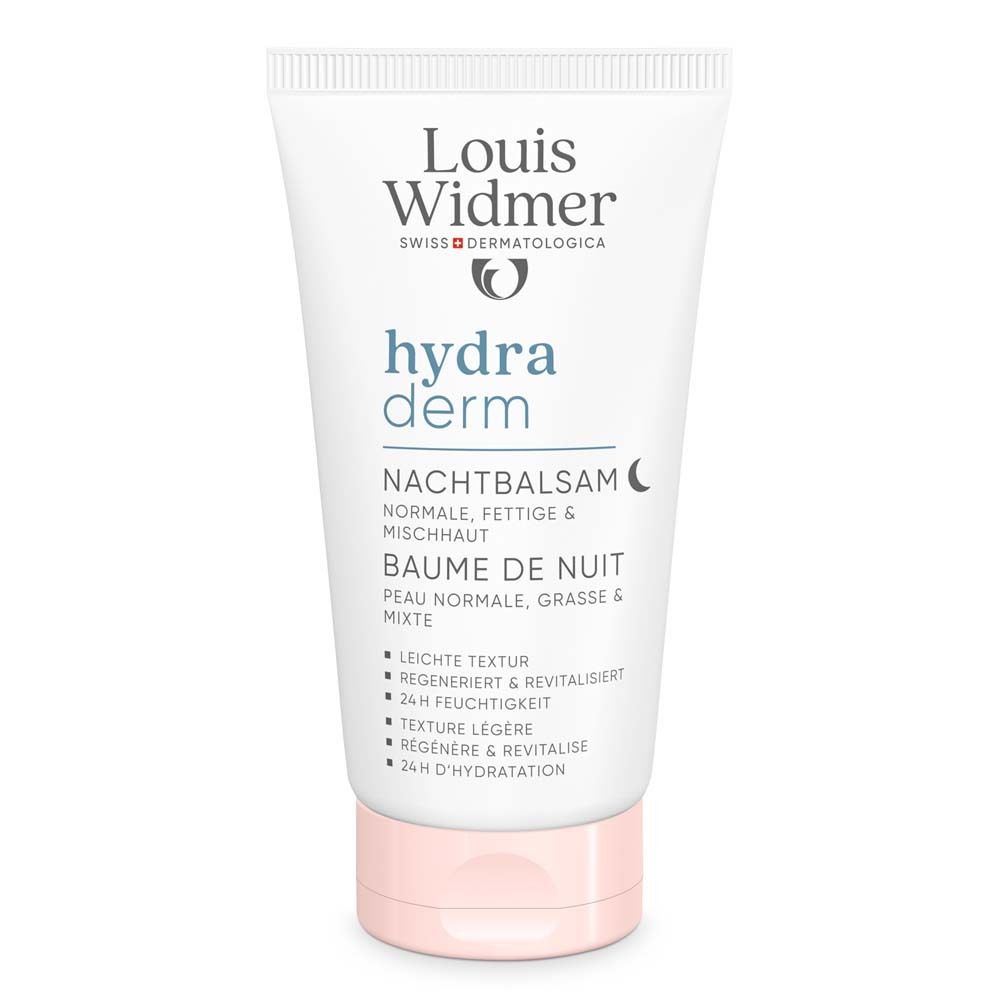 Weisse Tube mit rosa Verschluss. Aufschrift: Louis Widmer hydra derm Nachtbalsam. Für normale, fettige & Mischhaut.