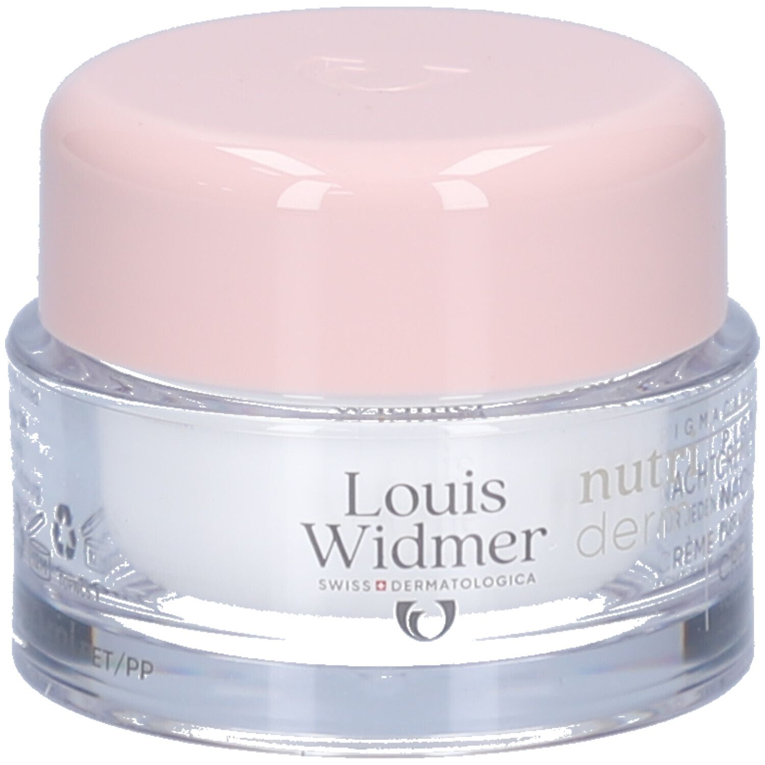 Creme-Tiegel mit rosa Deckel. Auf dem Tiegel steht "Louis Widmer nutriderm".