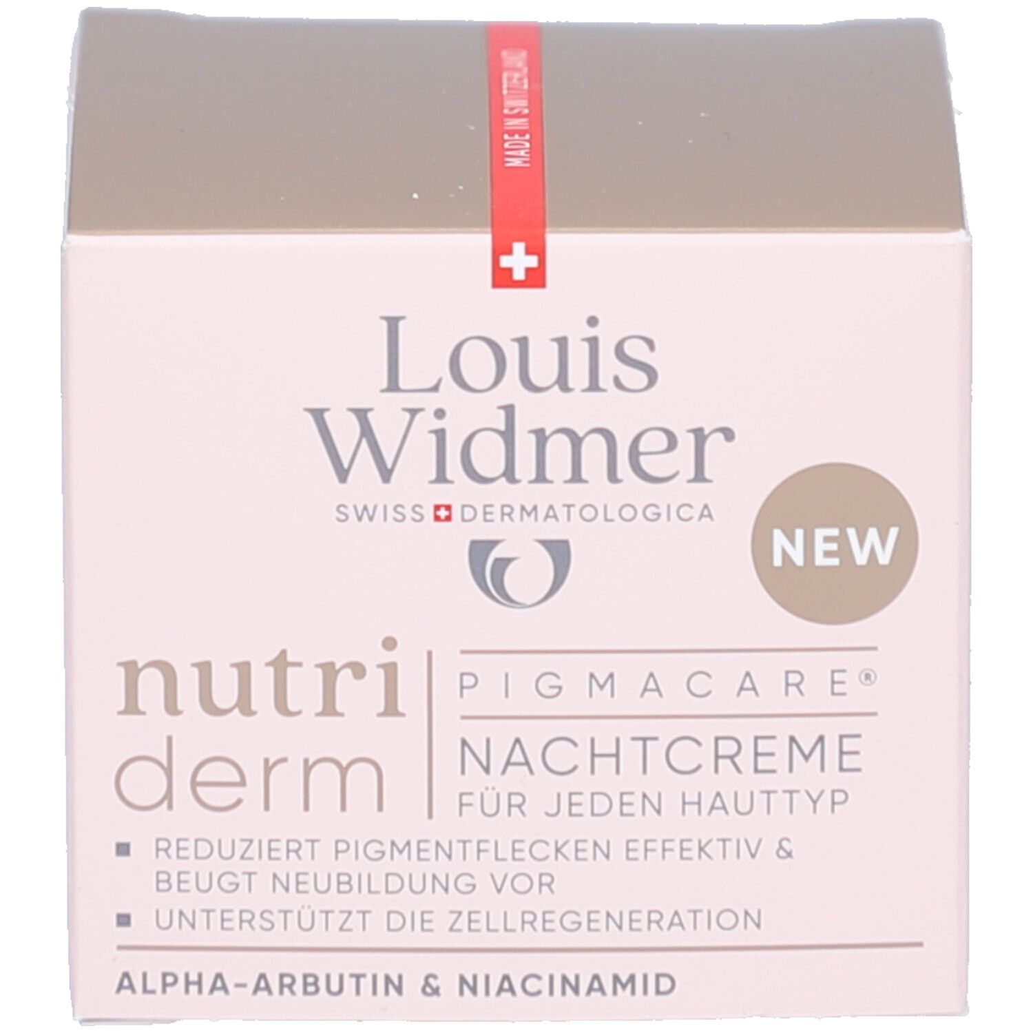 Karton mit "Louis Widmer nutriderm". Text: "PIGMACARE® NACHTCREME" und "NEU".