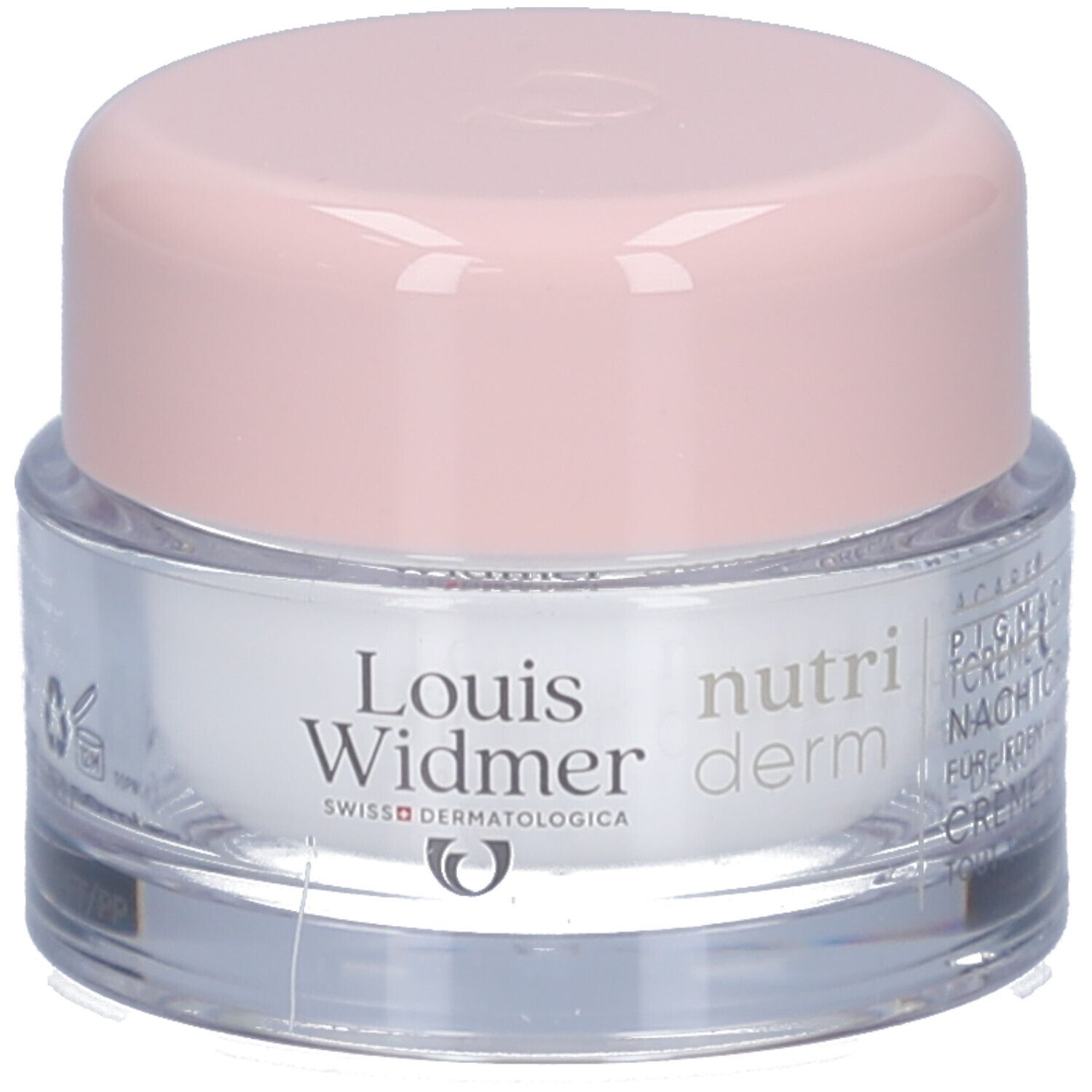 Creme-Tiegel mit rosa Deckel. Aufschrift: Louis Widmer, nutriderm. Schweizer Logo. Nachtcreme.