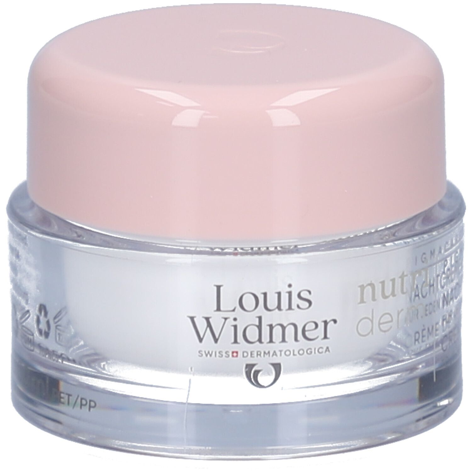 Creme-Tiegel mit rosa Deckel. Aufschrift: Louis Widmer, nutriderm, Nachtcreme, für jeden Hauttyp.
