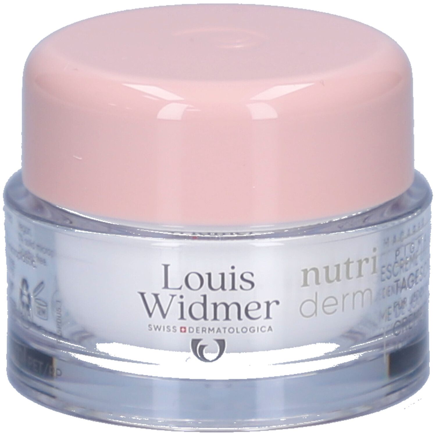 Creme-Tiegel mit rosa Deckel. Aufschrift: Louis Widmer, nutriderm, Pigmacare Tagescreme UV 50+. Schweizer dermatologische Marke.