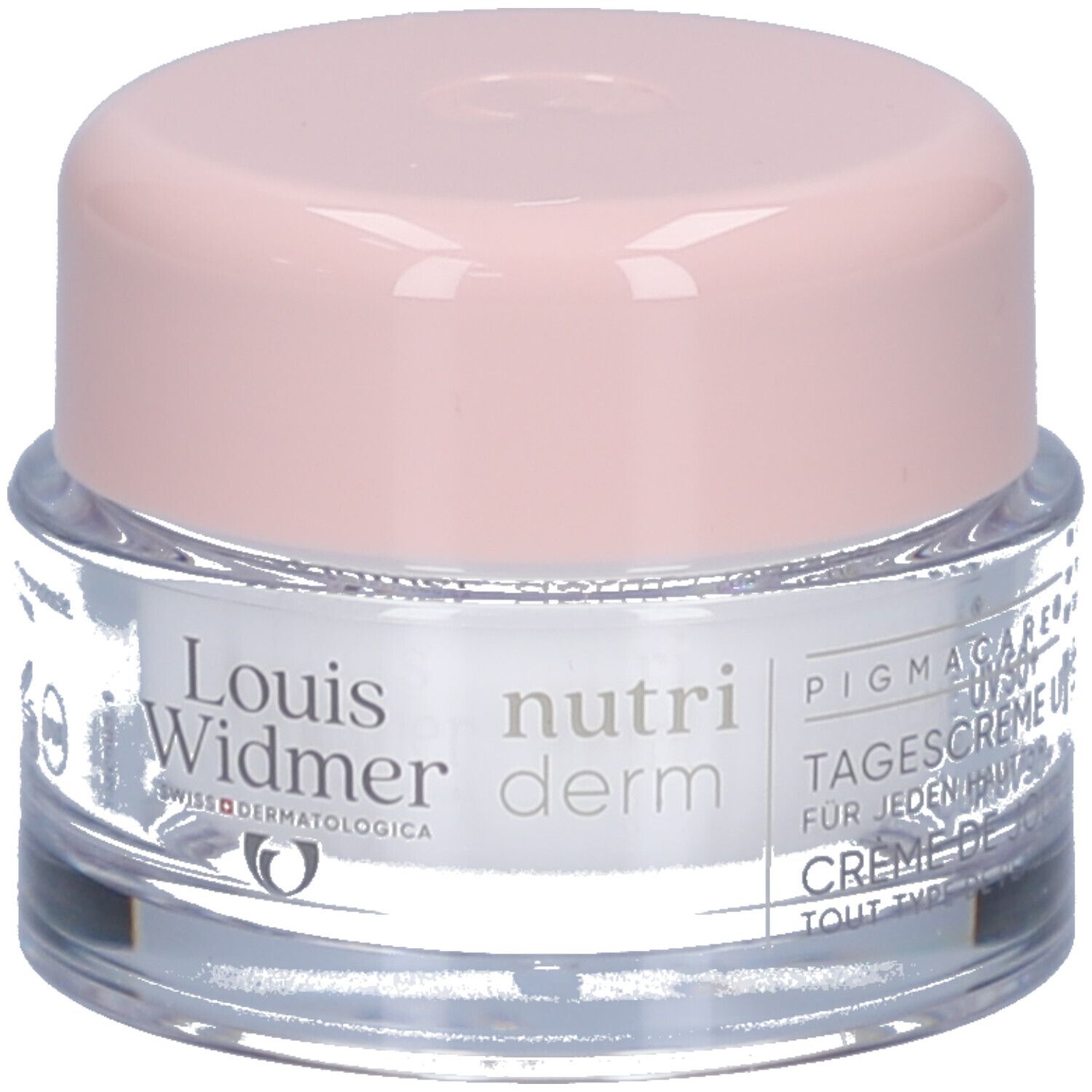 Creme-Tiegel mit rosa Deckel. Aufschrift: Louis Widmer, nutriderm, PIGMACARE, Tagescreme UV 50+ für jeden Hauttyp.